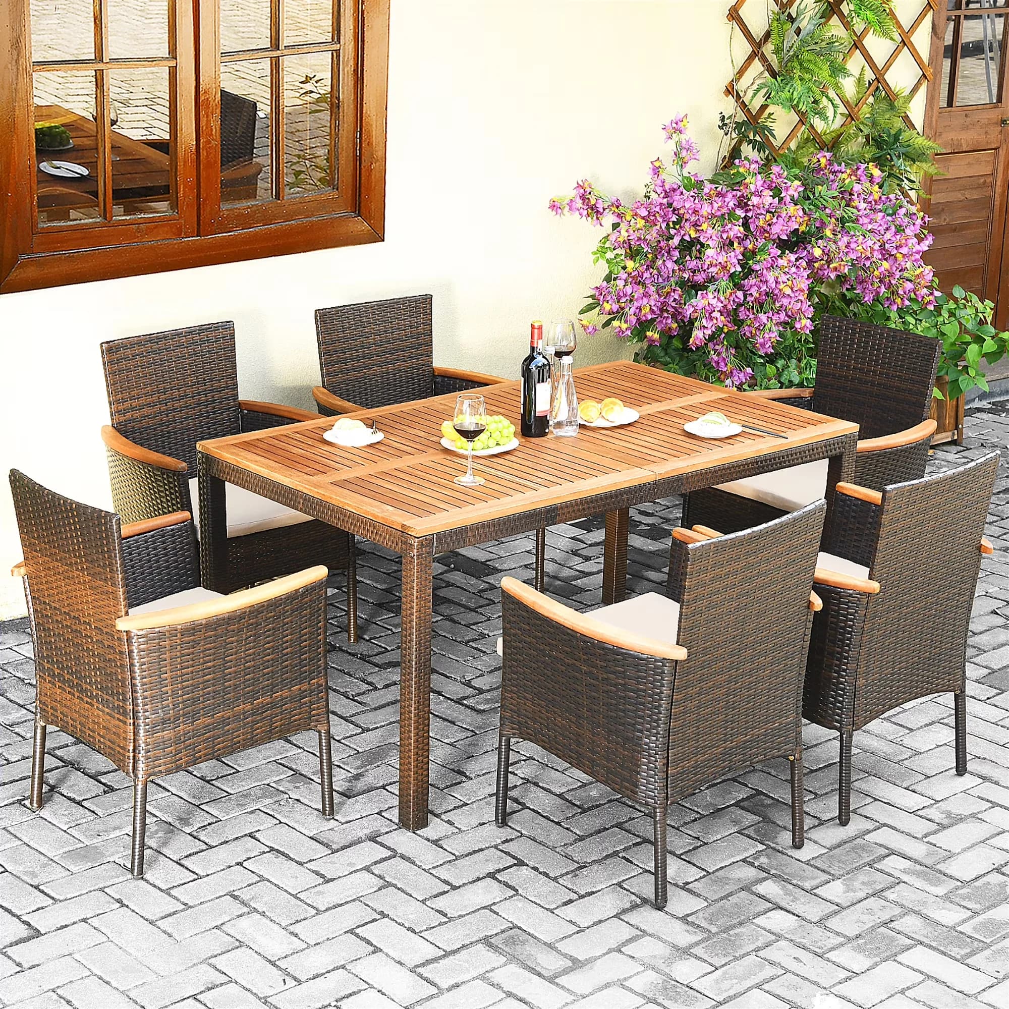 Durable Patio Dining Set with Modern - Brown Acacia Wood, Rattan, Steel, Sponge, Fabric Model B3F380
