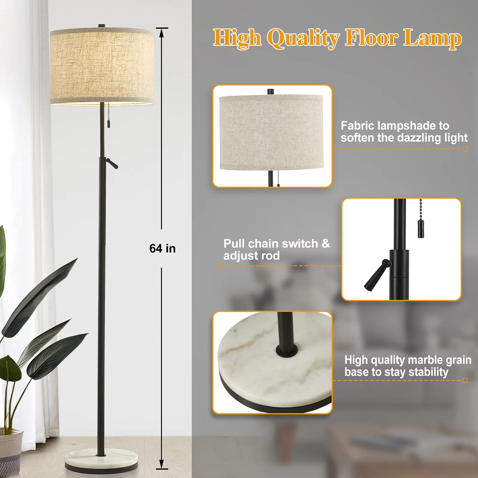 Floor Lamp Efficient with LED, Adjustable Height, Light Source Type: LED - Black Fabric for Living Room, Bedroom Model 706799