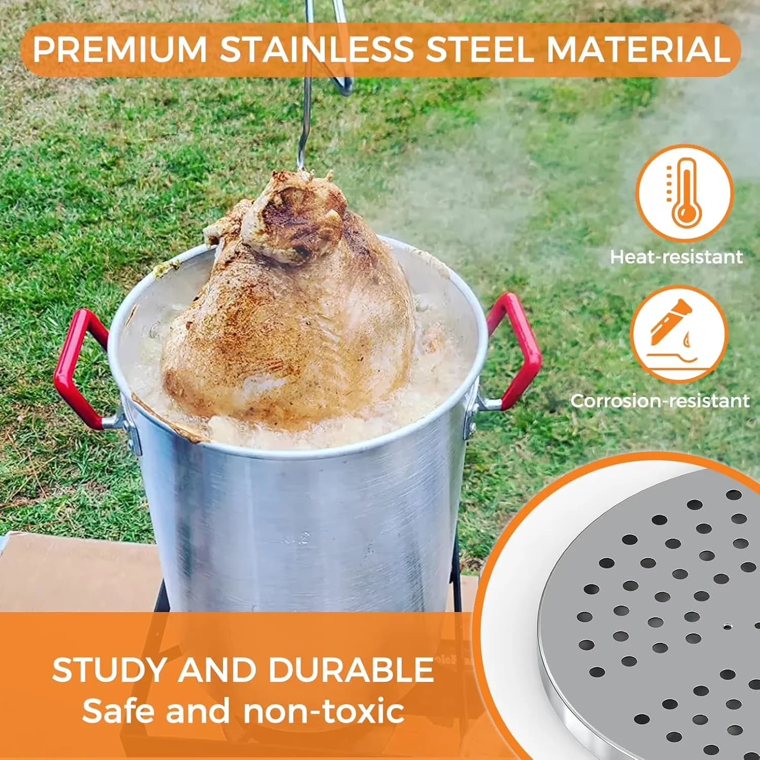 Outdoor Fryer Premium with Lifter Hook, Holder Base - Stainless Steel Turkey Model 4423AB