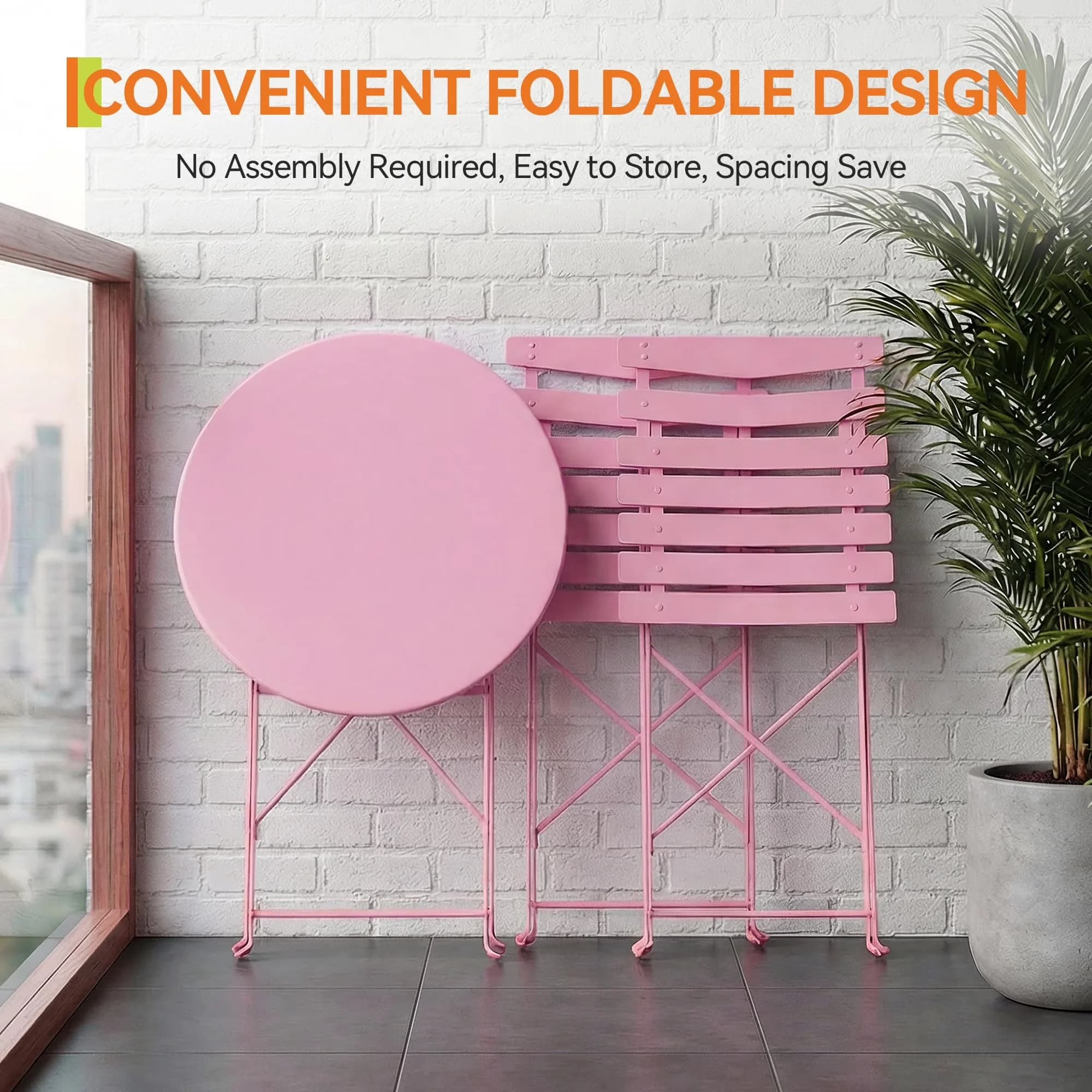 Sleek Patio Dining Set with Folding Chairs, Weather-Resistant - Pink Metal Model 25C481