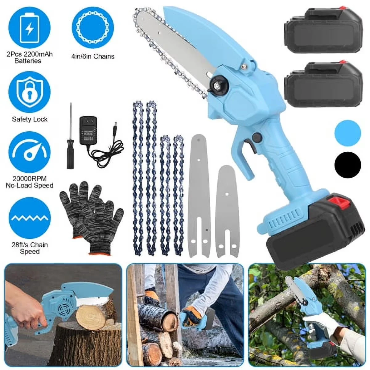 Reliable Chainsaw with Battery, Weatherproof, 4" & 6" Cordless Mini Set - Blue Model A06A48