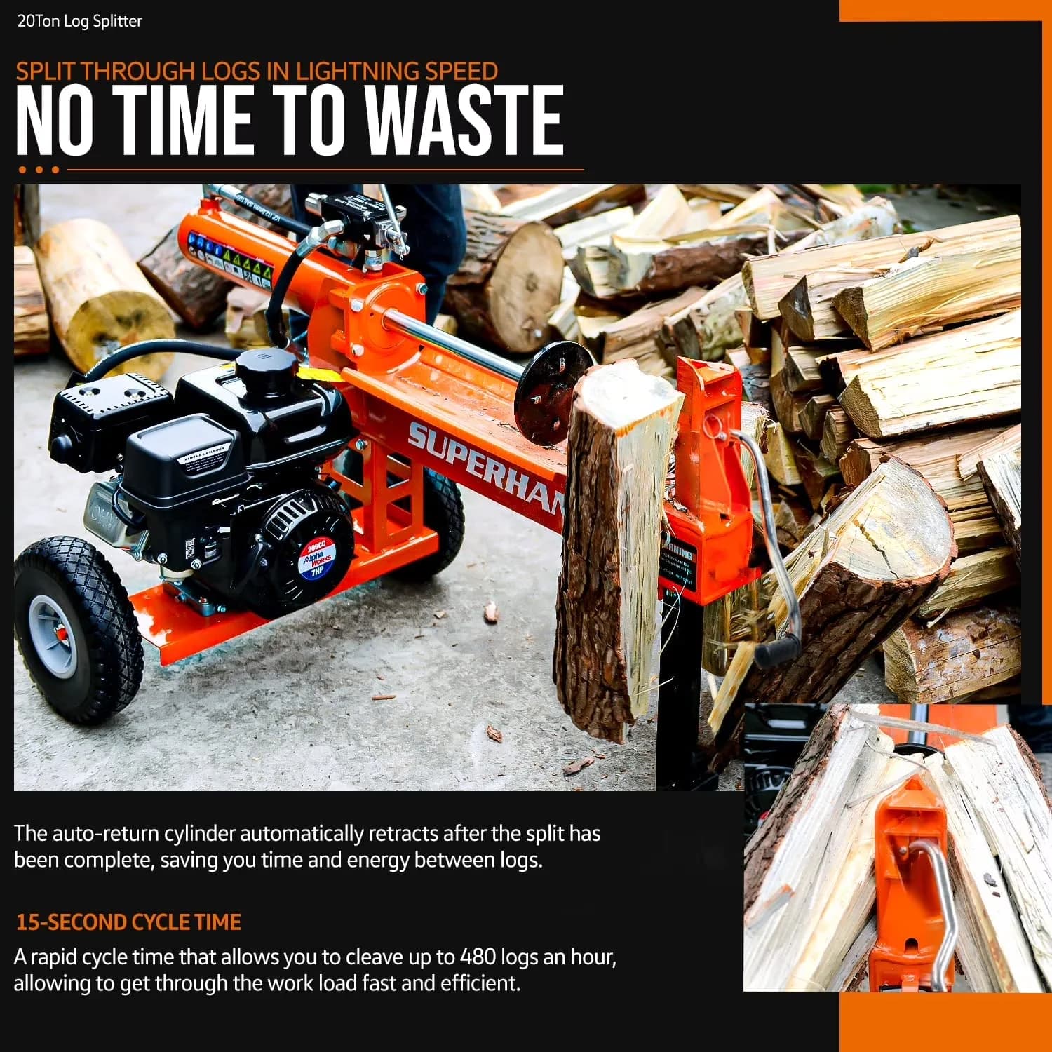 Efficient Logsplitter with Wheeled, 7HP 212CC 20 Ton Hydraulic System, Splits Wood up to 16"" Diameter" - Model 49B1F1