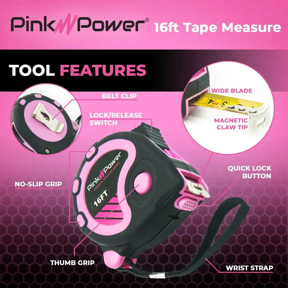 Reliable Measuring Layout with Non-Slip, Lightweight - Steel Pink 16ft Model CF971B