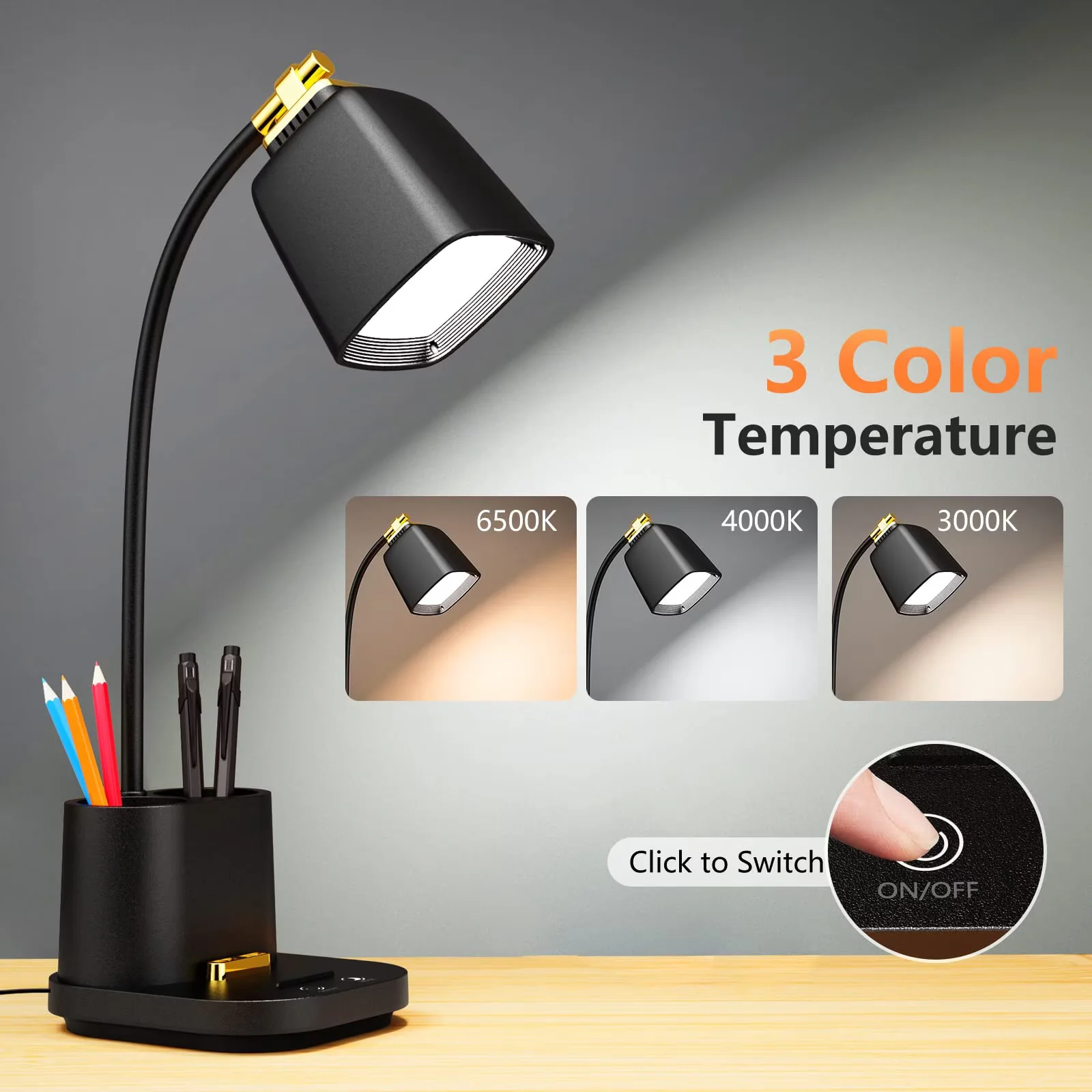 Modern Desk Lamp with LED, 3 Color Modes, Touch Control for Home Office, Study - Model 1091DB