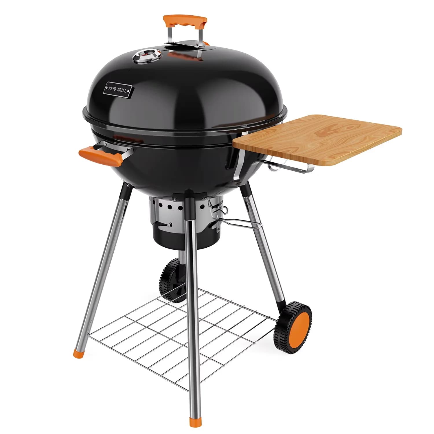 Charcoal Grill Versatile with Adjustable Charcoal Tray, Removable Ash Catcher, Heat Thermometer - Black Metal, Stainless Steel Model F49BA3