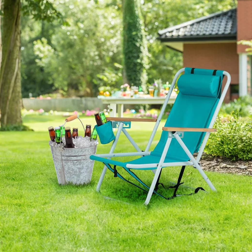 Durable Beach Chair with 4-Position Folding w/ Backpack Straps, Headrest & Cup Holder - Steel, Oxford Fabric Green Model 9988AF