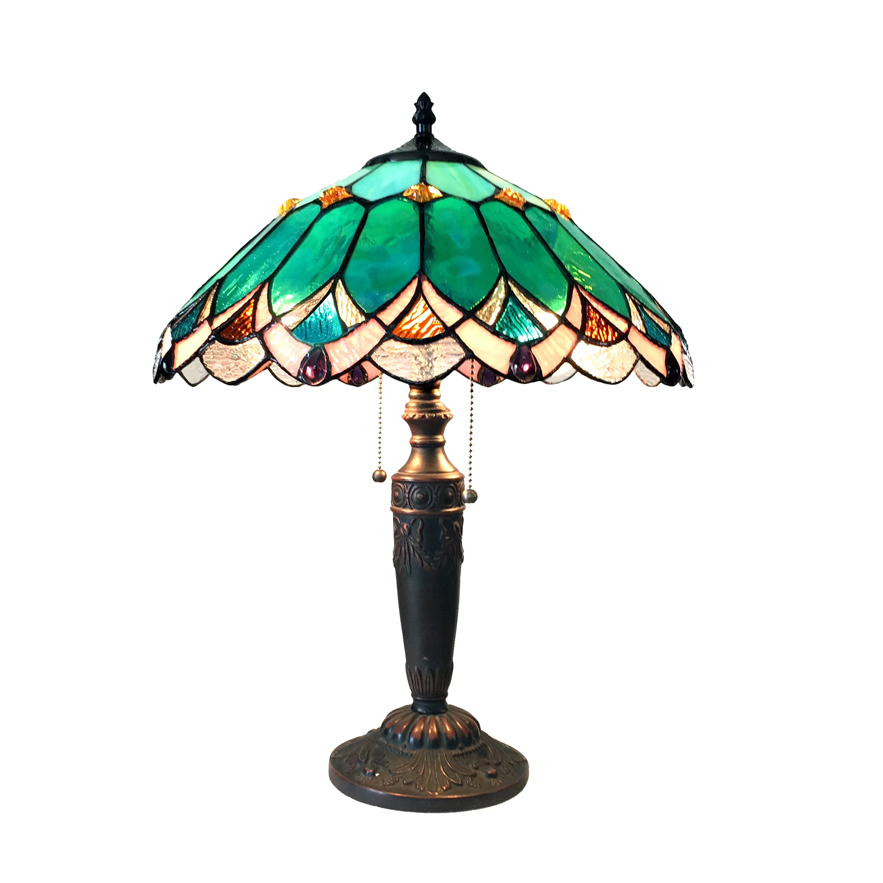 Table Lamp Innovative with Incandescent, Tiffany, Tiffany-Style 2 Light 16" Shade - Resin Green Model 4CF7FE