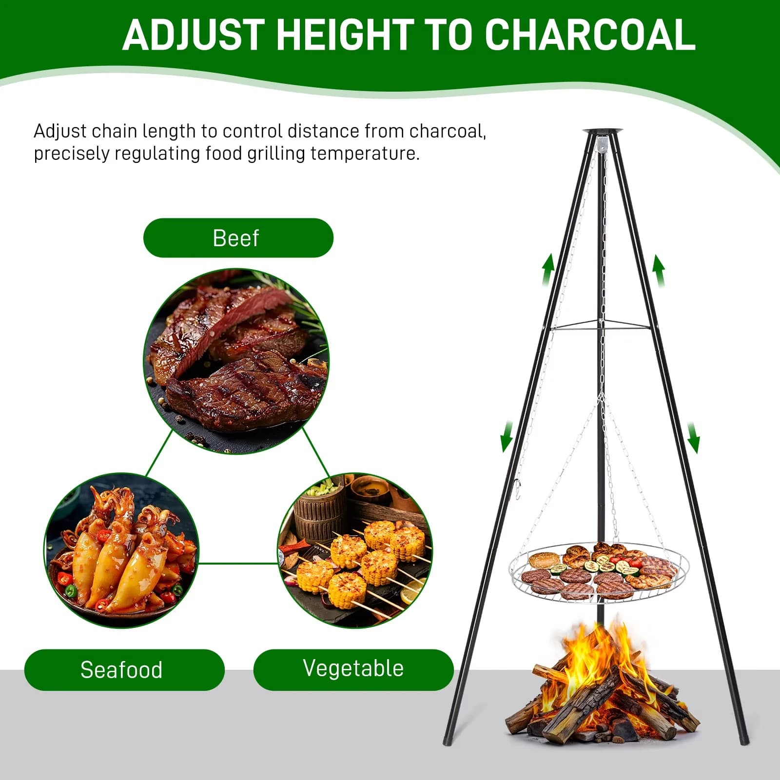 Flat Top Grill Quality with Portable, Adjustable, Swing Campfire Cooking Set - Silver Steel Model 6173A1