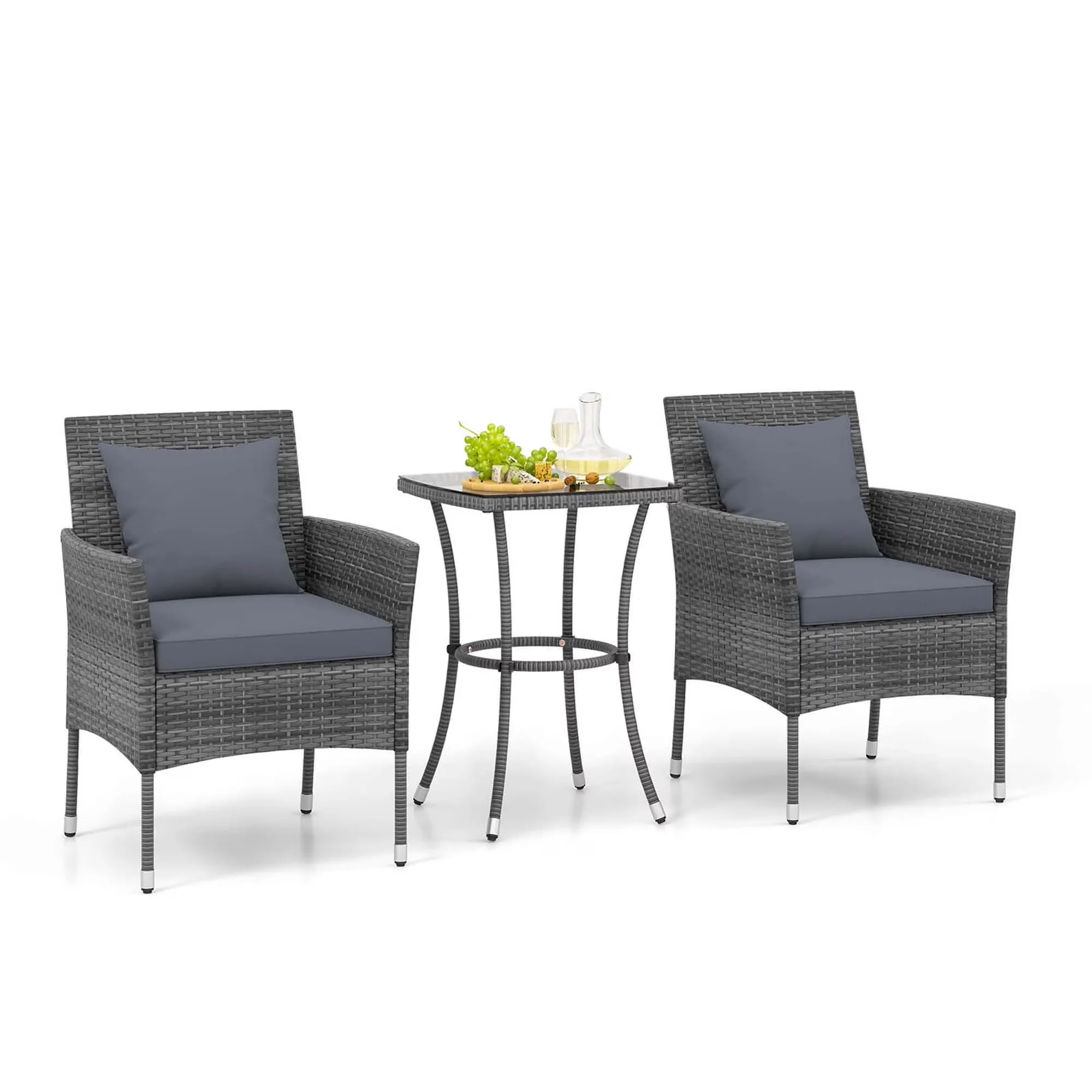 Modern Patio Conversation Set with 3 PCS Furniture - Pe Rattan, Metal, Tempered Glass, Polyester, Sponge Gray Model 7B95C9
