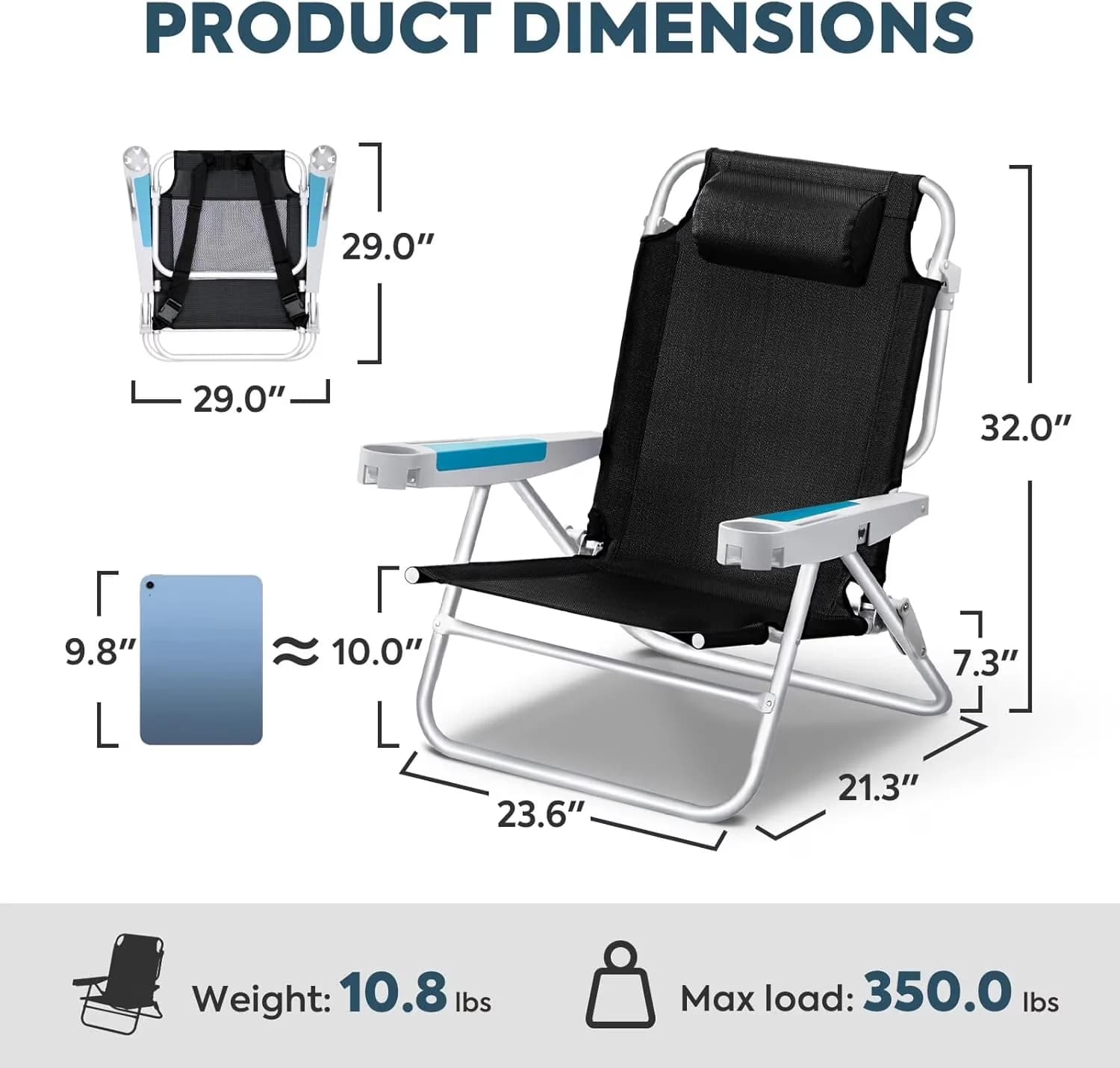 Quality Beach Chair with Adjustable, Waterproof, Folding - Black BC75 - Heavy Duty Model 6D6610