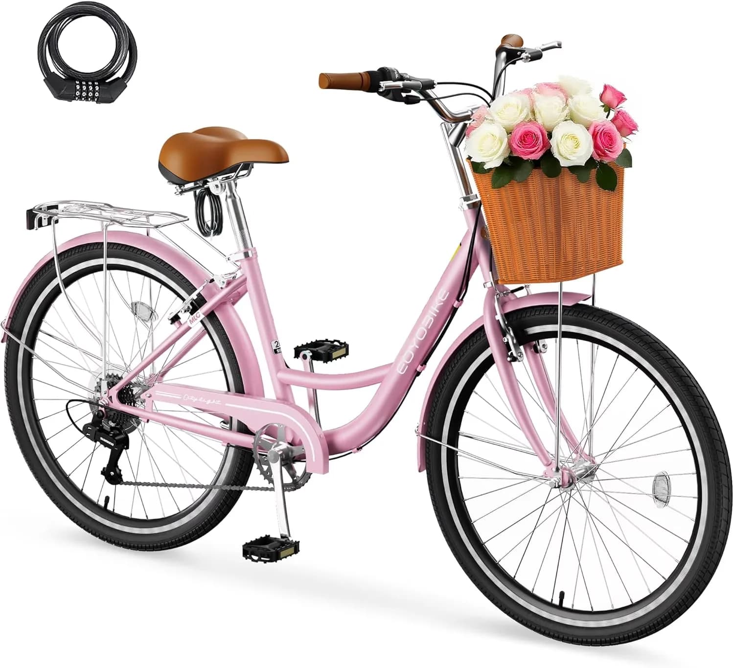 Modern Cruiser Bike with Adjustable Seat, 26'' 7 Speed Beach Bicycle - Pink Model 220578
