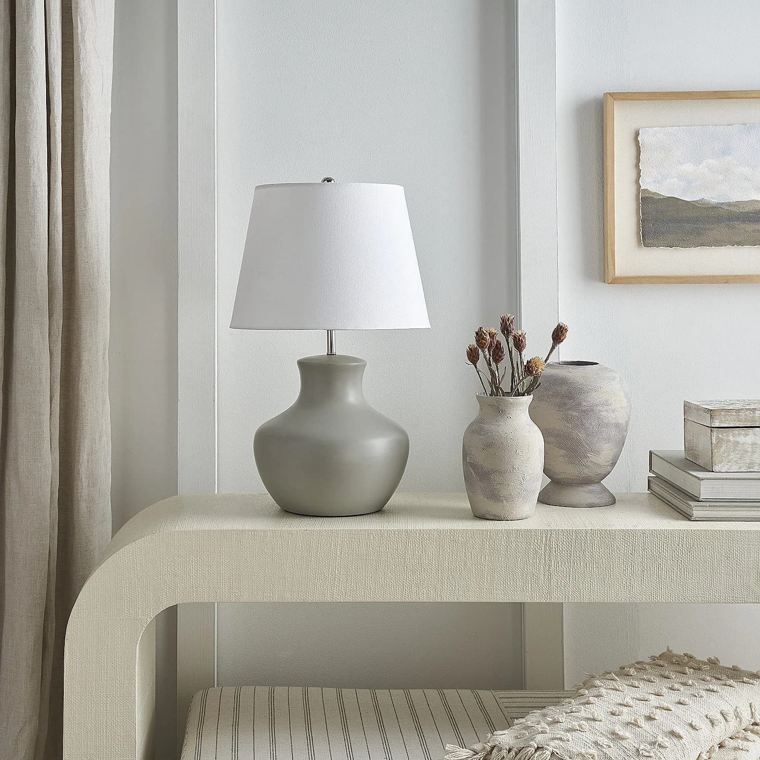 Premium Table Lamp with Incandescent, Farmhouse, 18" Grey Organic Gourd Ceramic - Gray Ceramic Model 8E185C