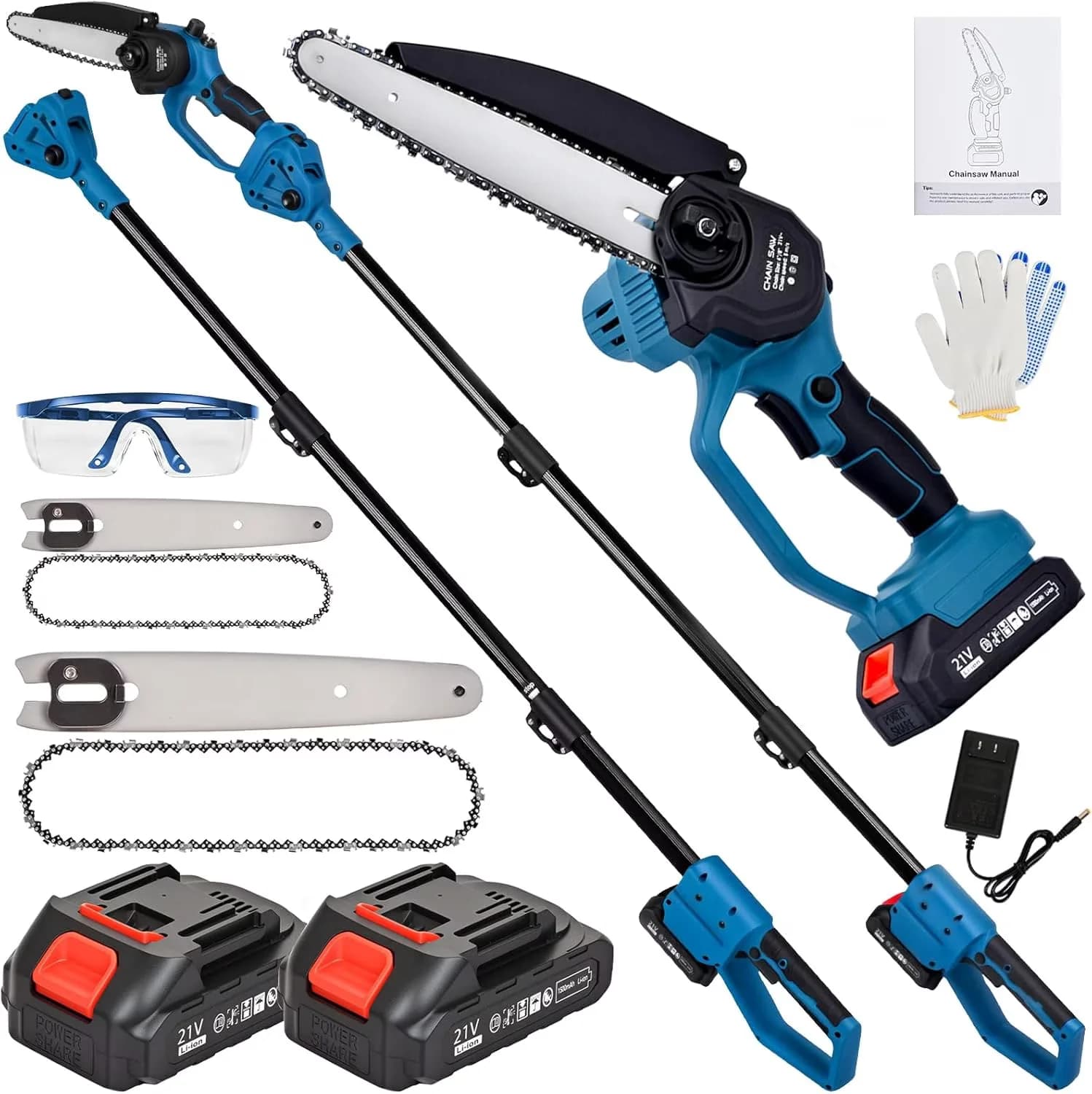 Chainsaw Efficient with Battery, 21V, 2-in-1 Electric Pole Saw & Mini - Blue Model 8D1F21