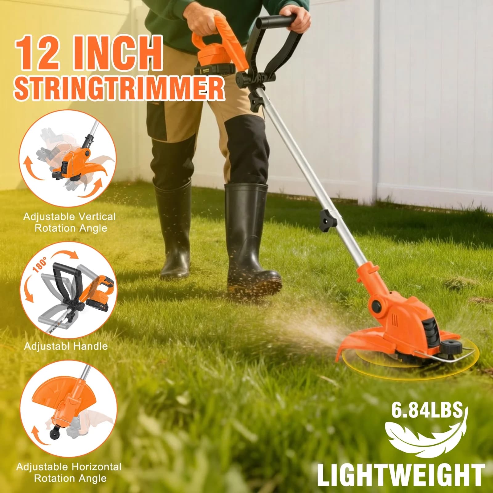 Versatile String Trimmer with Battery, Automatic Line Feed, 12" Electric - Orange Model D6A975