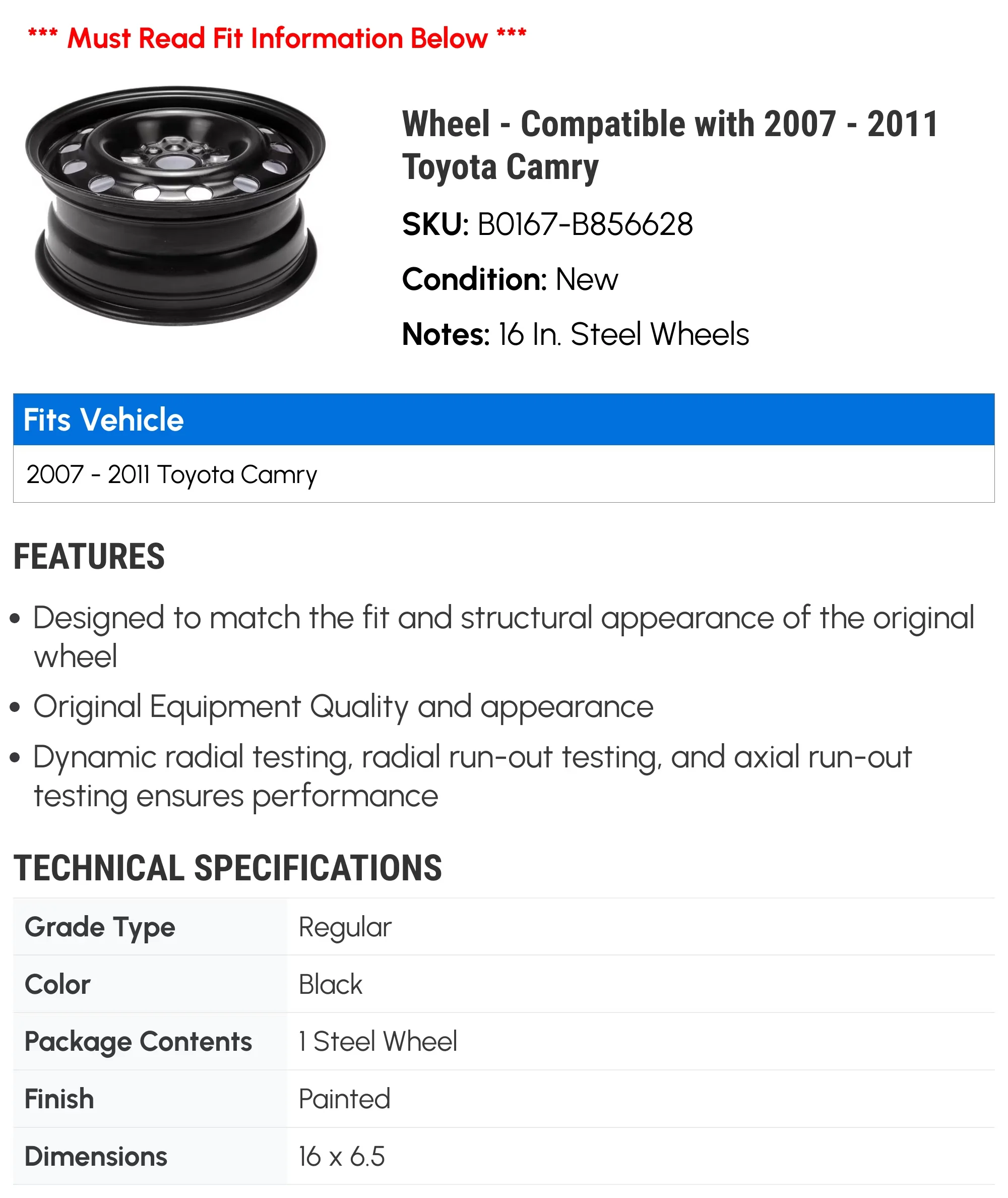 Wheels And Rim Modern with Compatible with 2007 - 2011 Toyota Camry - Black Stainless Steel Model C9B48B