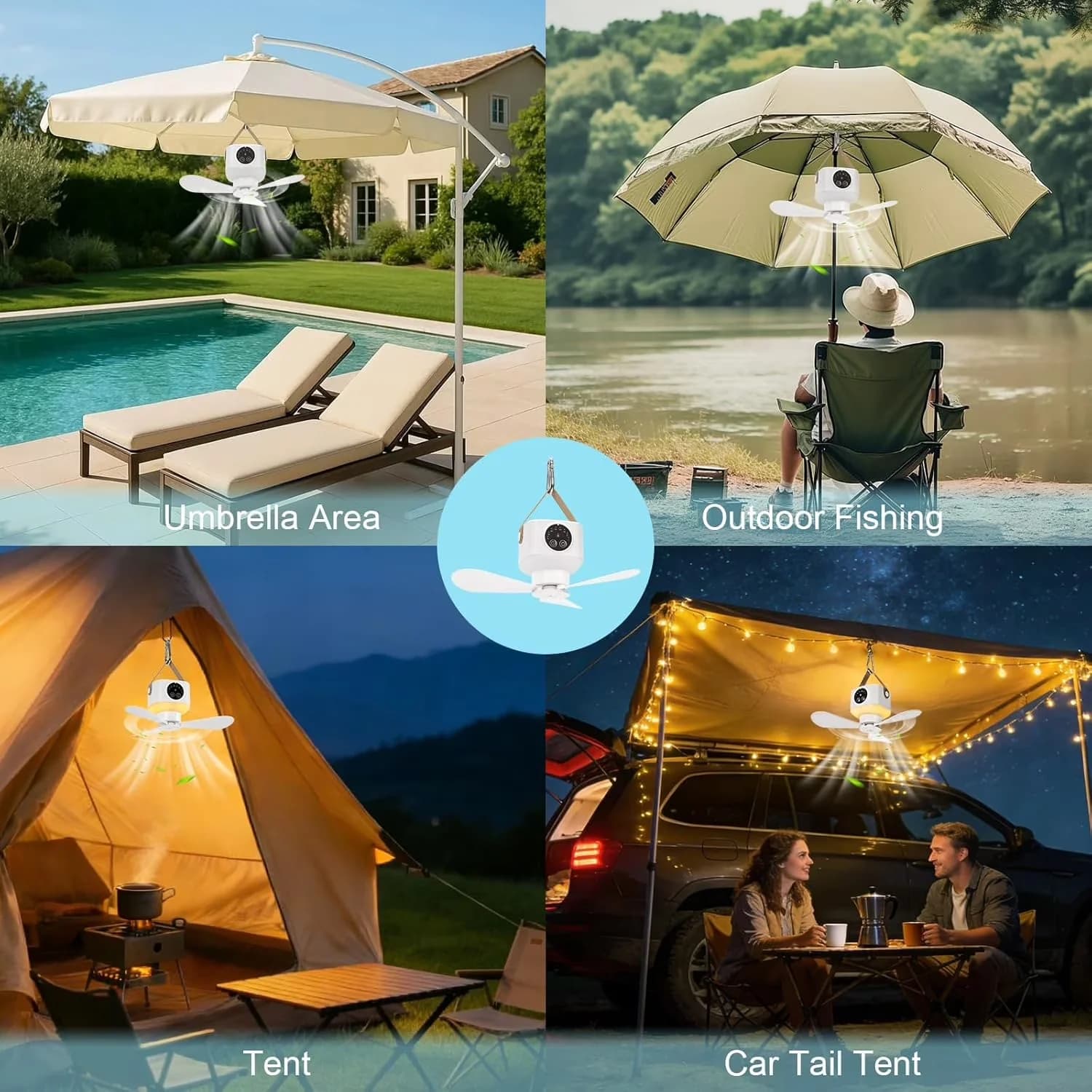 Quality Ceiling Fan with LED, Hanging Portable, 4 Speed Adjustment for Outdoor, Car - Model 55EDEC