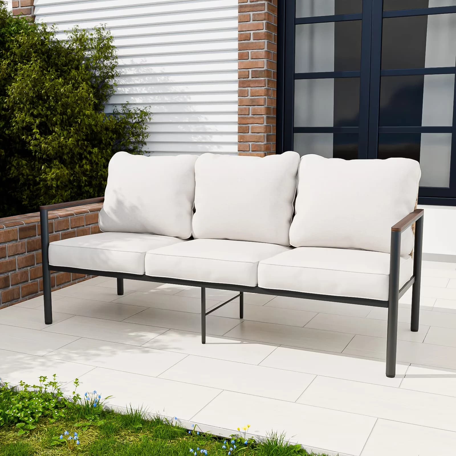Durable Outdoor Sofas Sectional with Water-Resistant, Cushions, Patio Steel Framed Wicker Chair - Wicker,Steel Beige for Garden Model E0EE1C