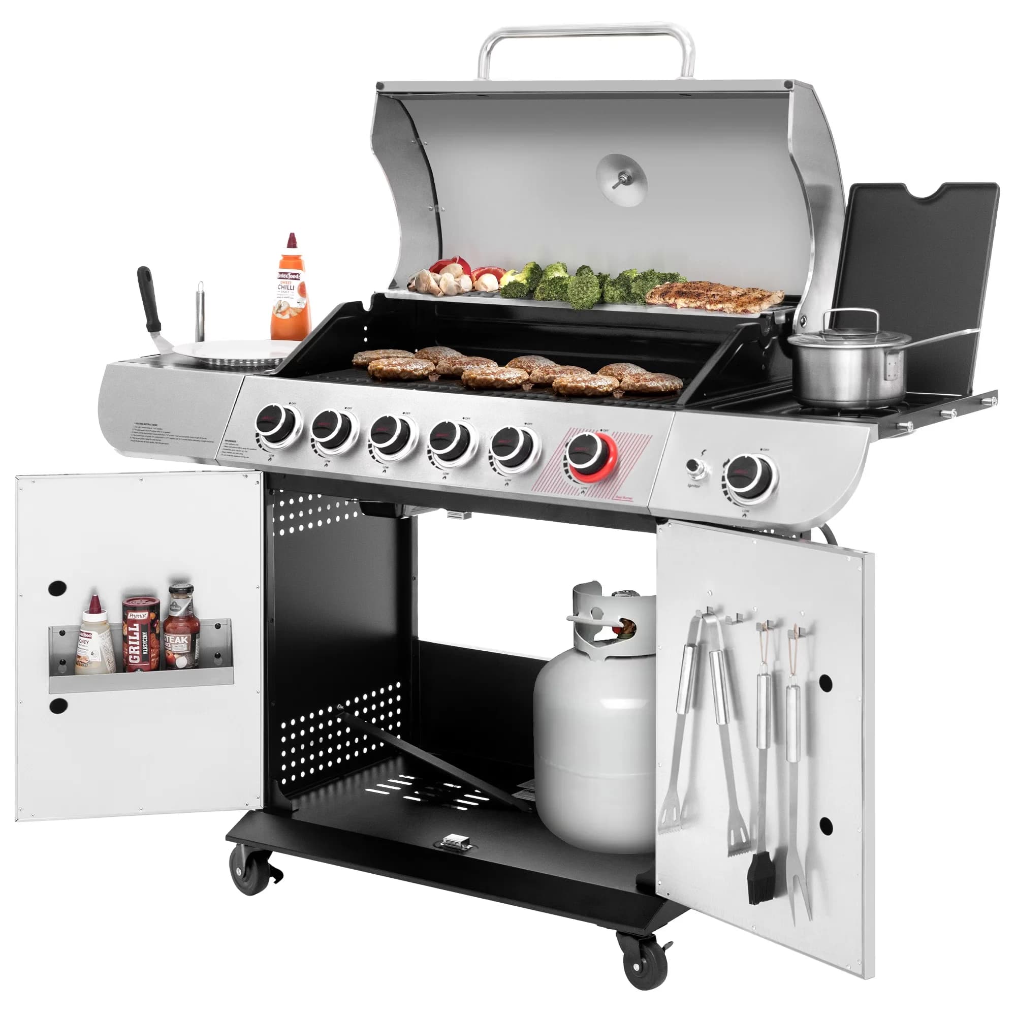 Stylish Gas Grill with 71000 BTU, Sear Burner and Side Burner - Stainless Steel Silver, Black Model B0C366