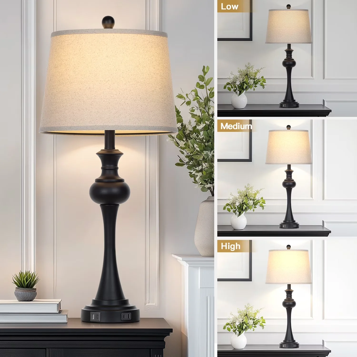 Innovative Table Lamp with LED, Power Outlet - Black Metal for Living Room, Bedroom Model 610CBA