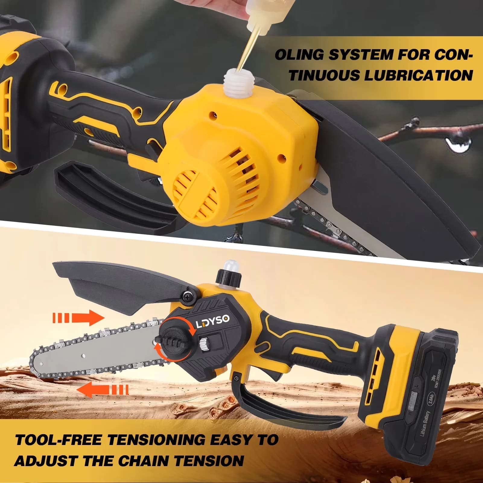 Versatile Pole Saw with Battery, Automatic Chain Oiler, Tool-Less Chain Tensioning - Yellow Model EAFC67