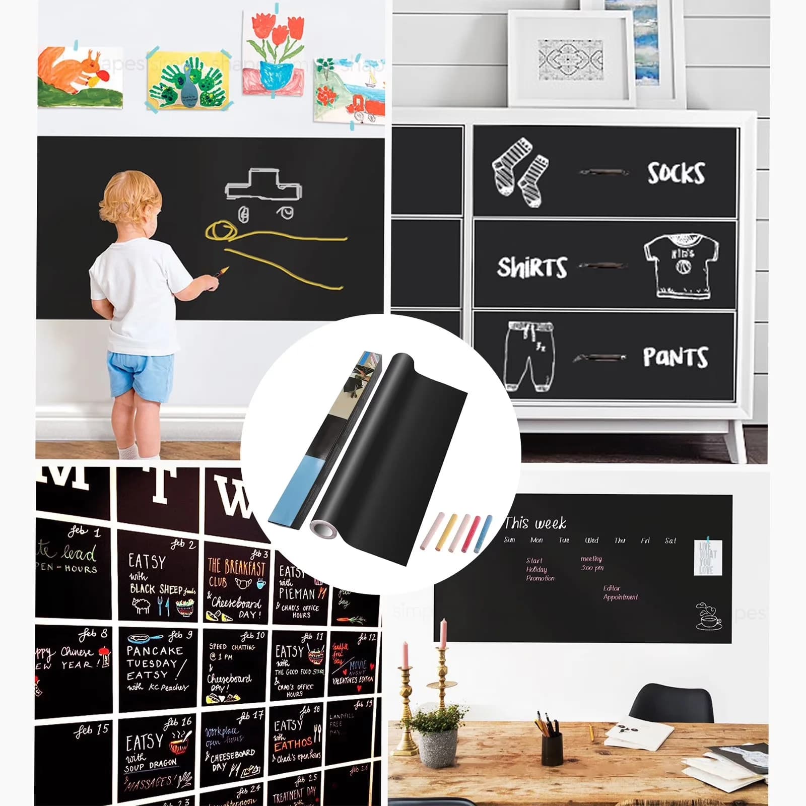 Sleek Wallpaper Wall Decals Wall Covering with Removable Erasable, Contact Paper, Chalkboard Sticker - Pvc Black for Home, Classroom Model 6B9296