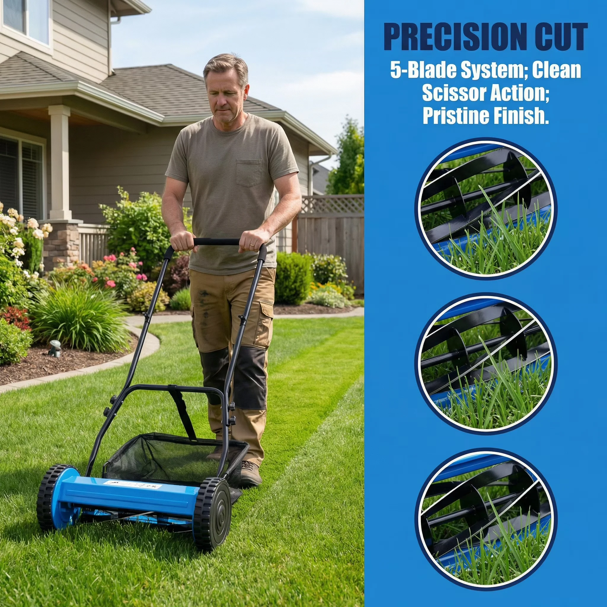 Sleek Push Mower with Adjustable, Grass Catcher, Eco-Friendly Reel & Grass Cutter - Blue for Garden Model 4C258C
