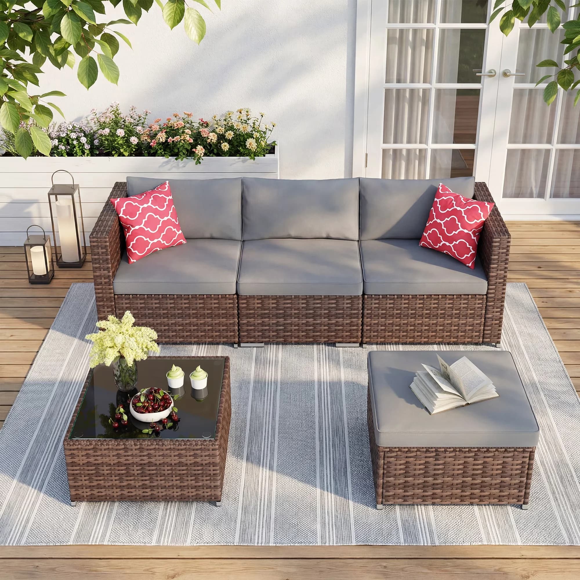 Versatile Patio Conversation Set with Weatherproof, Furniture, Gray - Gray Wicker, Metal, Glass, Foam Model 3E561F