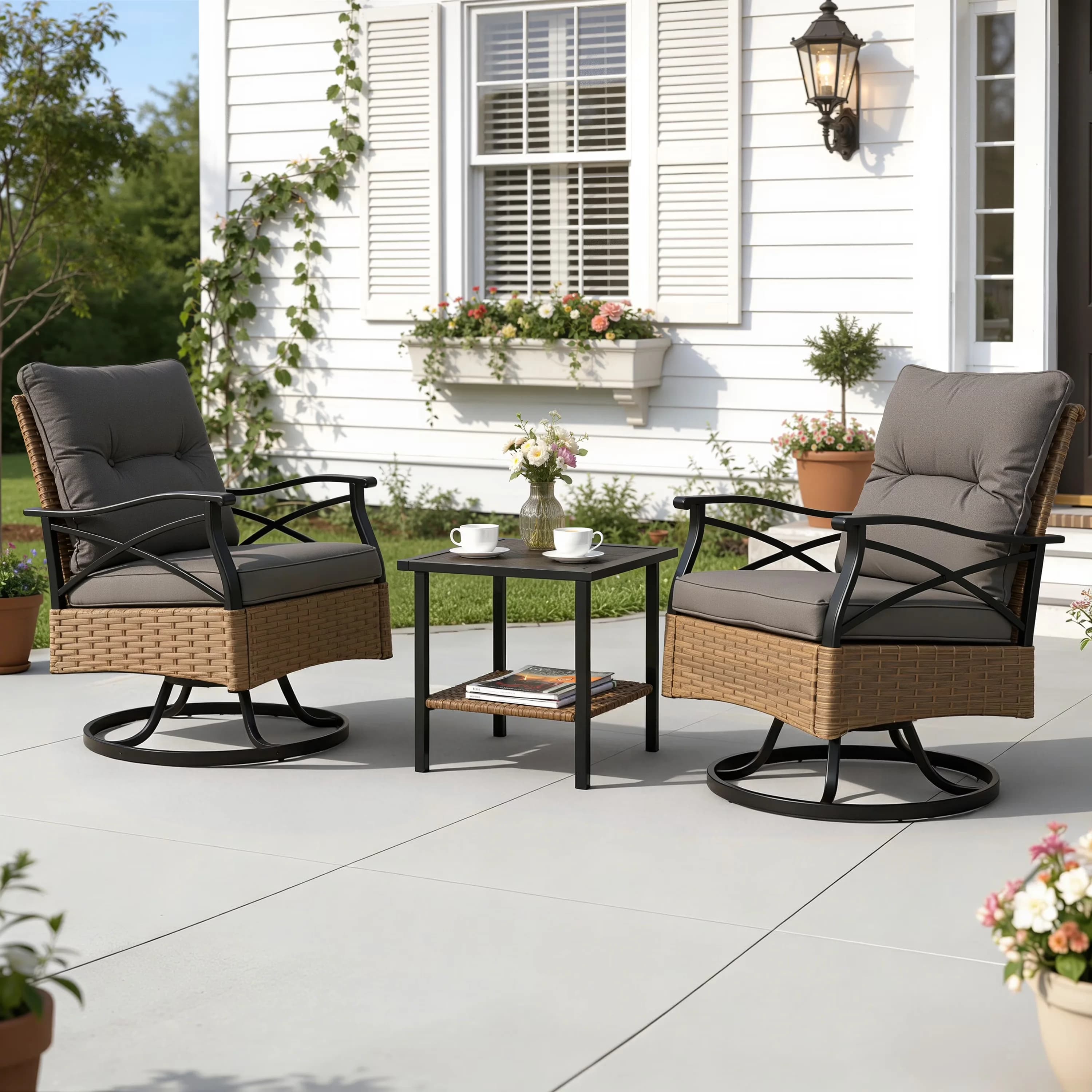 Patio Dining Set Modern with Uv Resistant, Waterproof - Brown Rattan,Gray Cushion Pe Rattan, Steel Frame, Polyester Fabric, Sponge Model C3A439