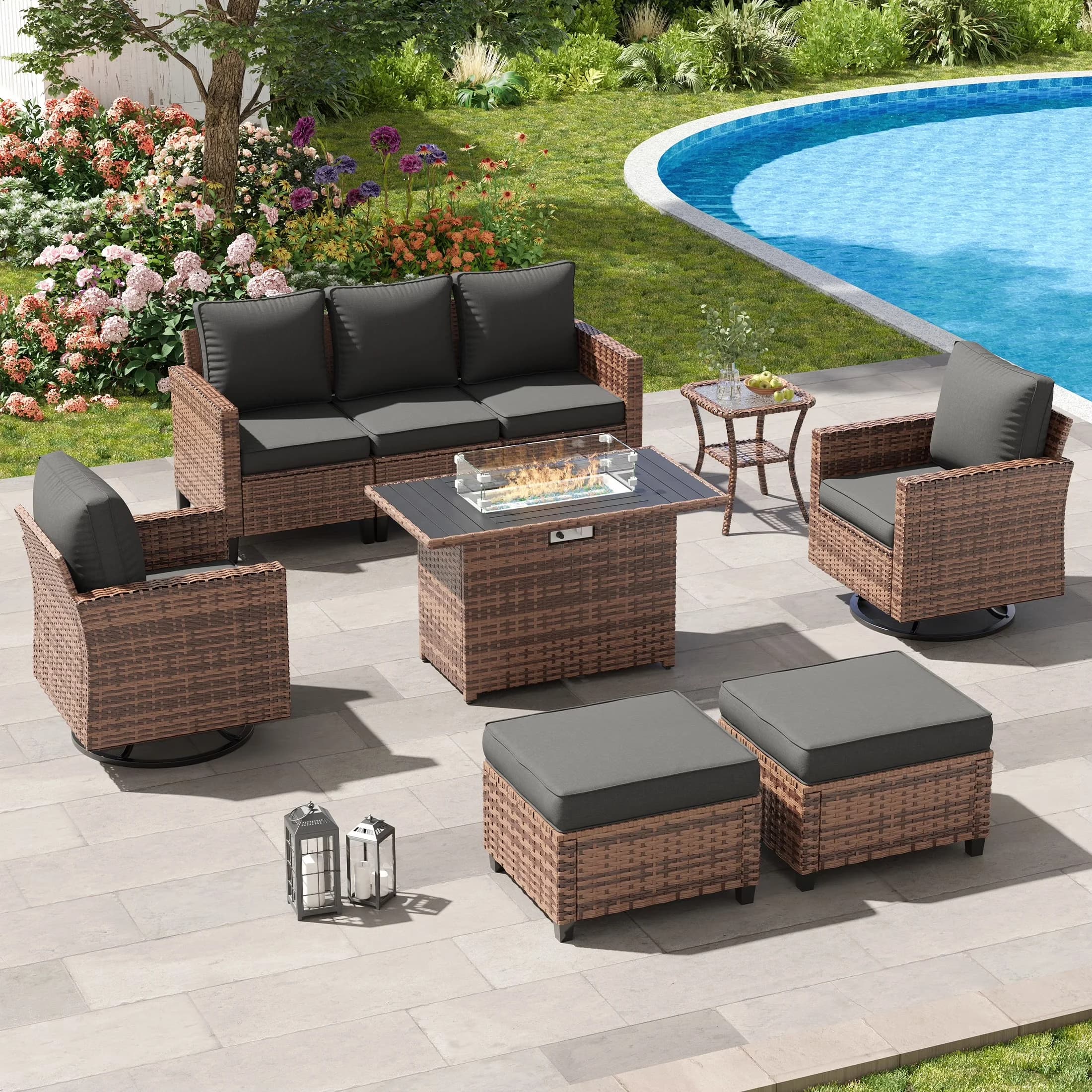 Professional Patio Conversation Set with Weatherproof, Black Wicker Rattan Sofa, 44" Fire Pit Table - Pe Wicker Gray for Garden Model 515E31