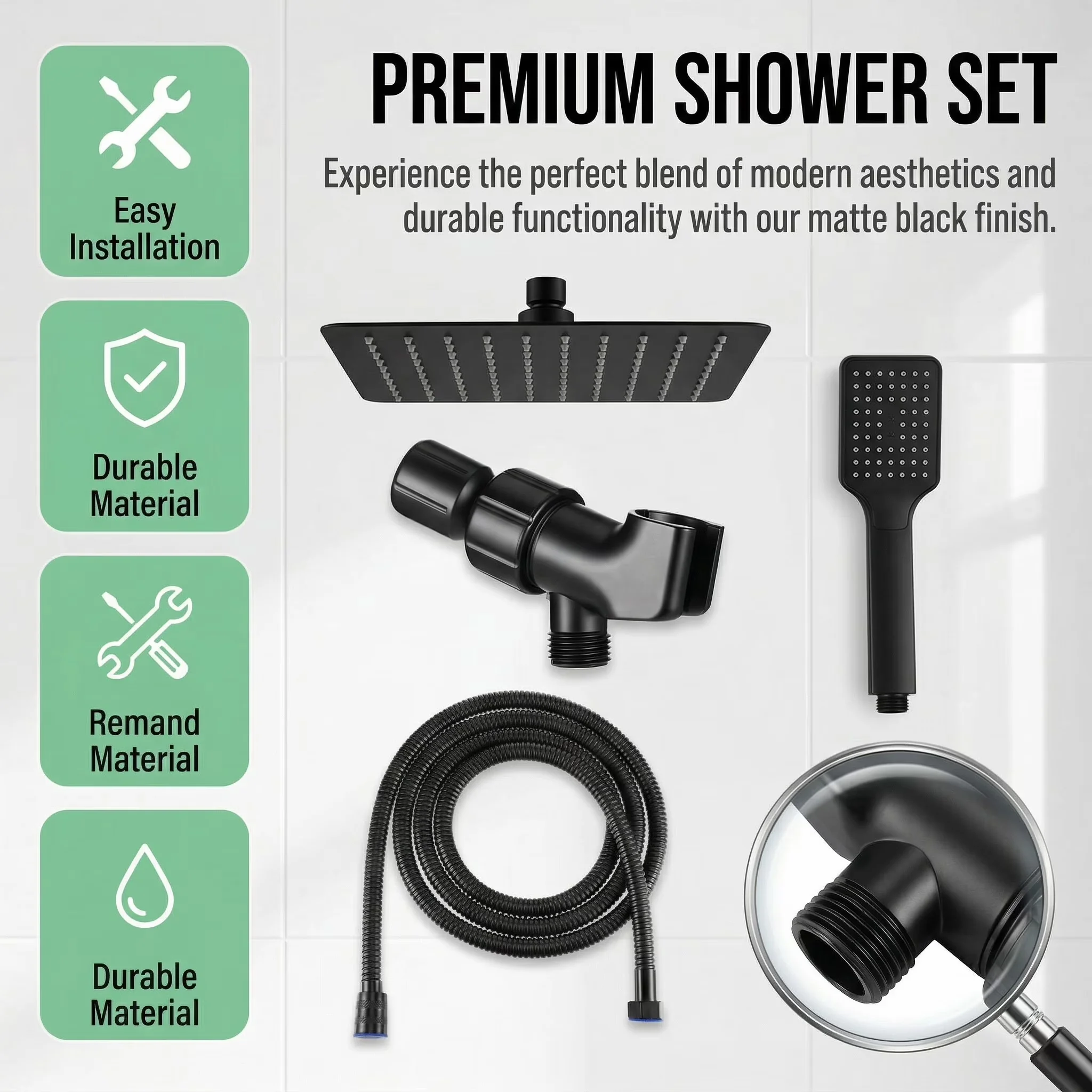 Reliable Shower Head with Adjustable, 79 Inch Stainless Steel Hose, Adjustable Arm Holder and Replacement - Stainless Steel, Brass Black Model C49621