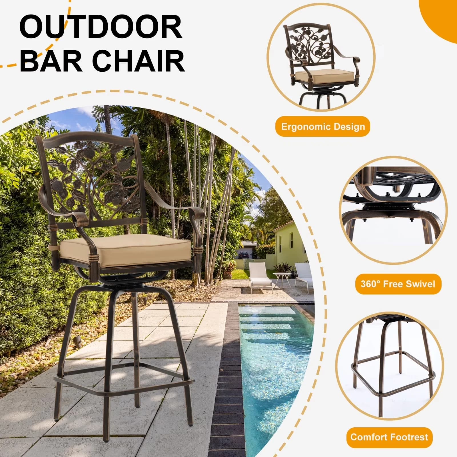Durable Patio Dining Set with Weatherproof, Cushions and 31.5-Inch High Top Table, Cast Aluminum Swivel Bar Stools for Small - Model 676ED9