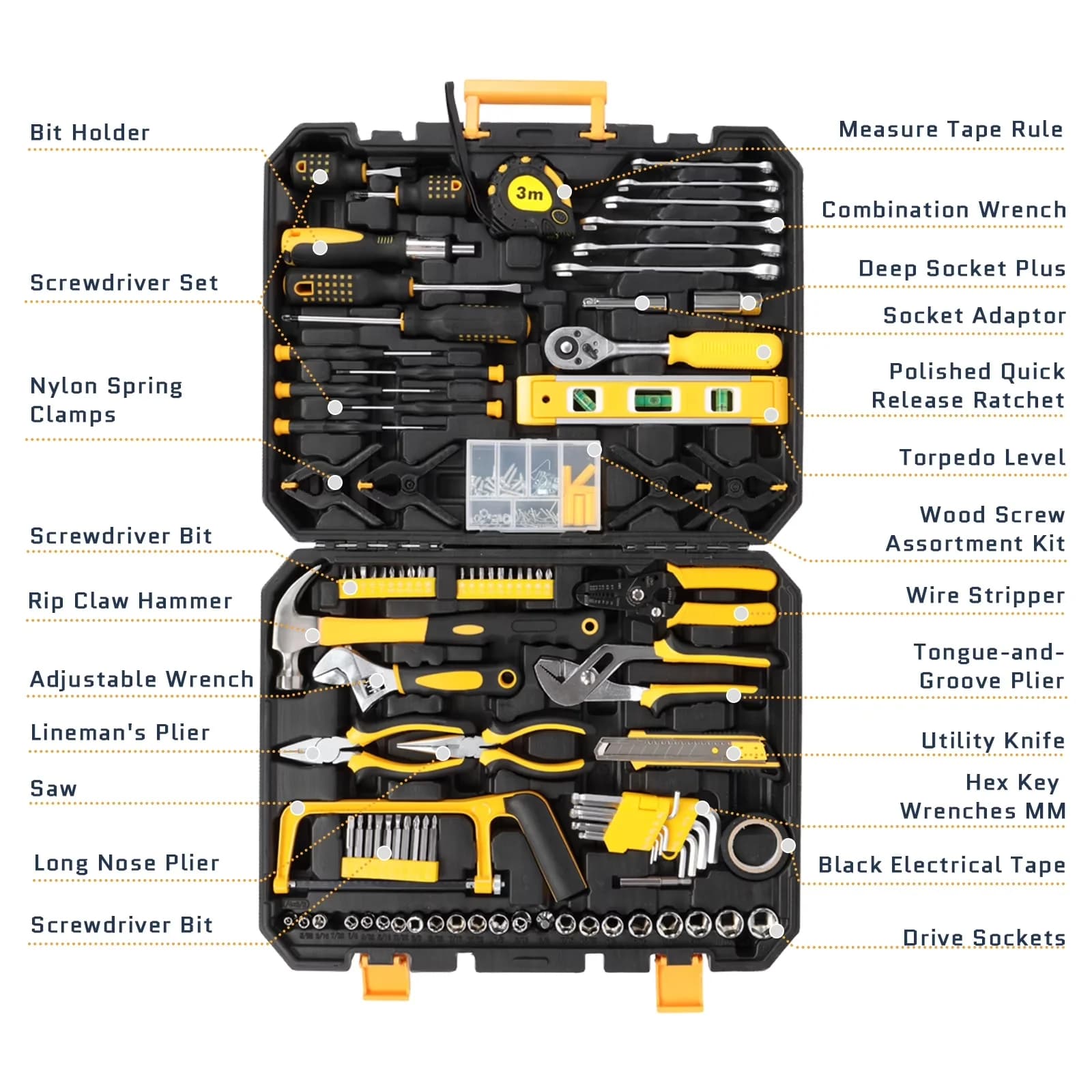 Essential Hand Tool Set with 198 Piece, Yellow, Handles are ergonomically designed. - Model DF8DA4