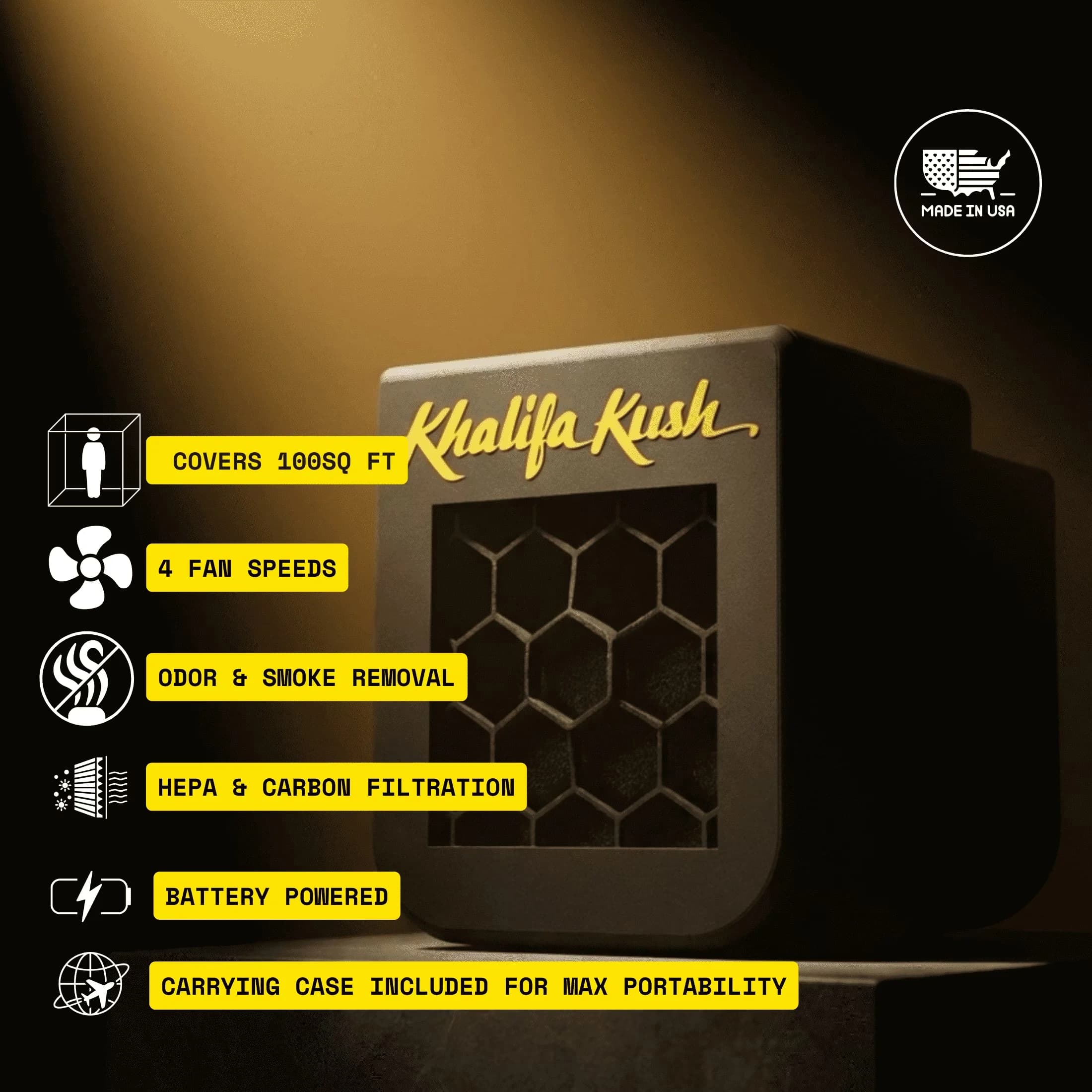 Sleek Air Purifier with Variable Speed, Khalifa Kit, 100 Sq Ft Activated Carbon - Model EABBB5