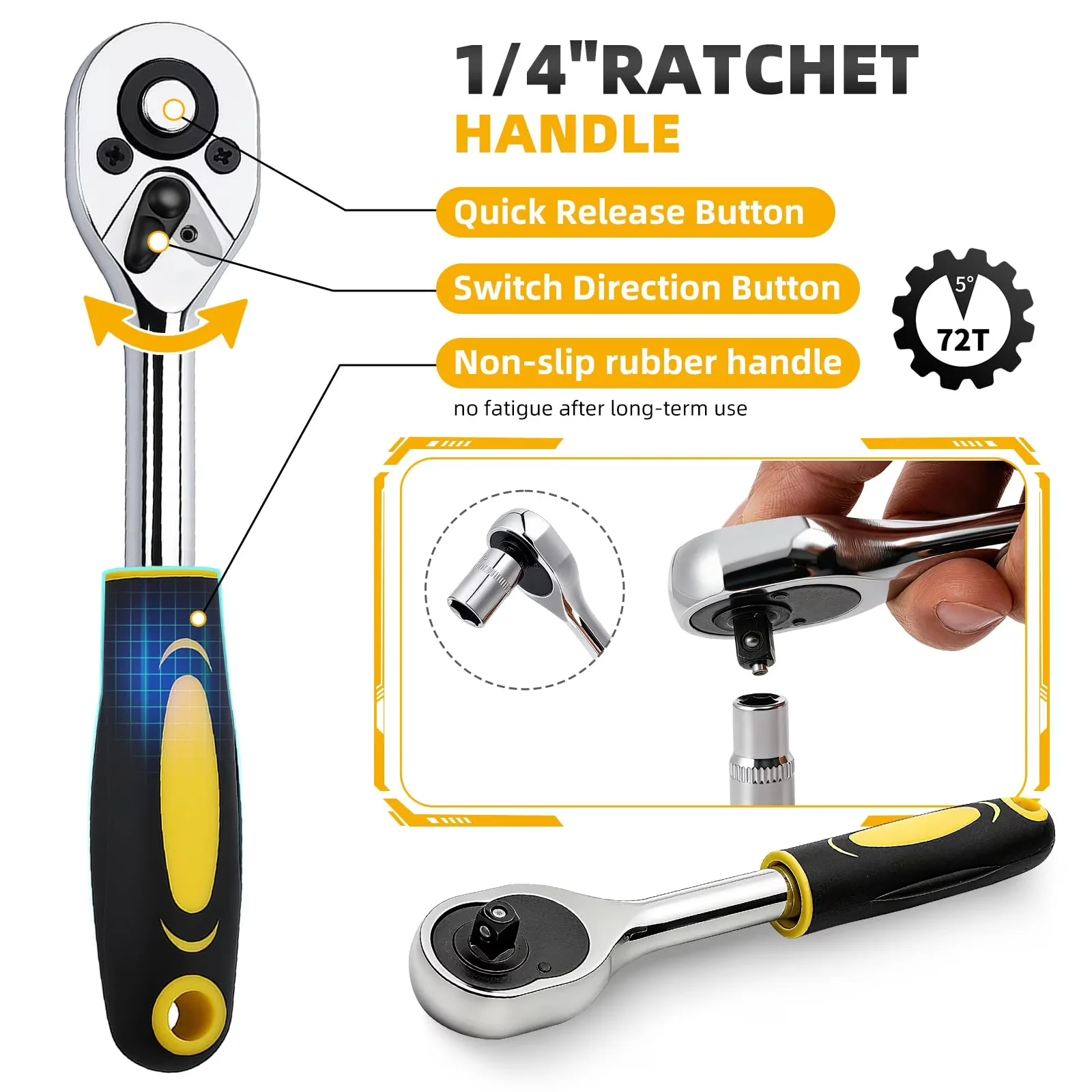 Quality Hand Tool Set with Antivibration, Comfort Grip, Adjustable - Chrome Vanadium Steel Silver for Auto, Home Model 66C658