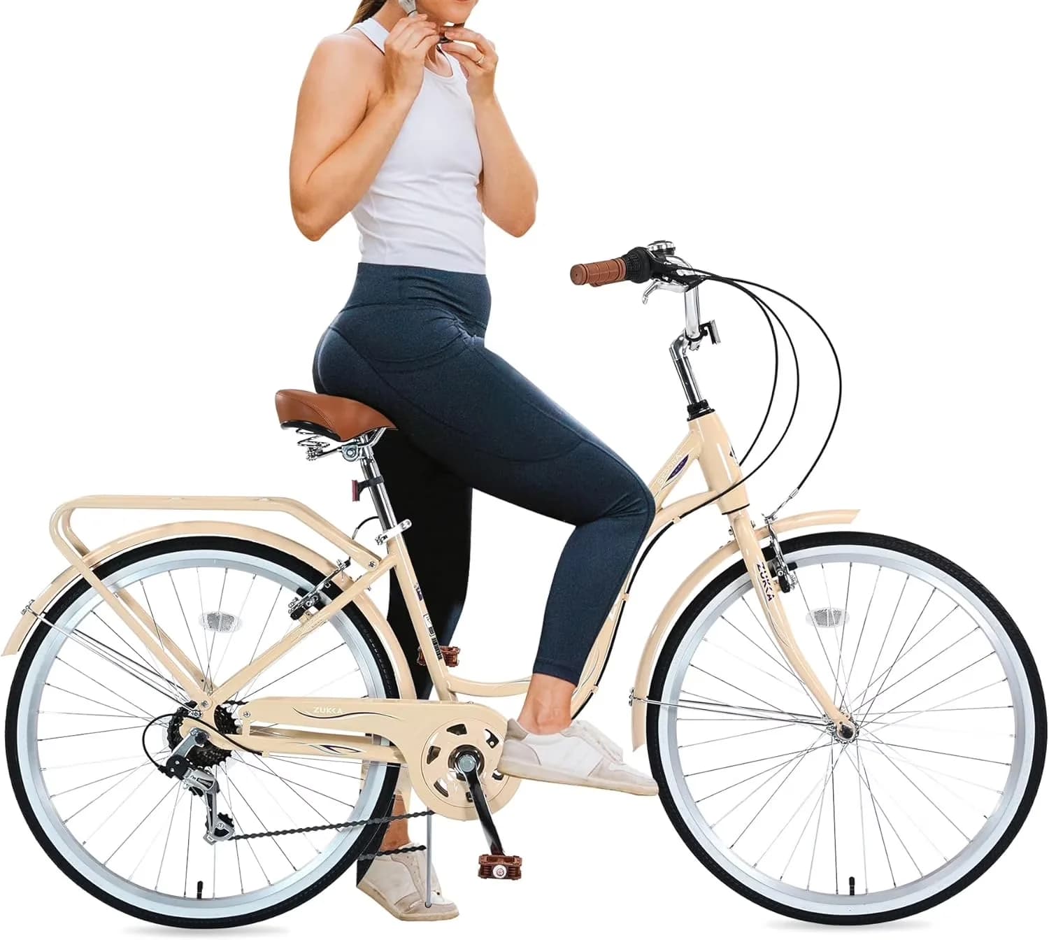 Stylish Road Bike with Adjustable Handlebar Height, Beach Cruiser - Beige Model B6C0EE