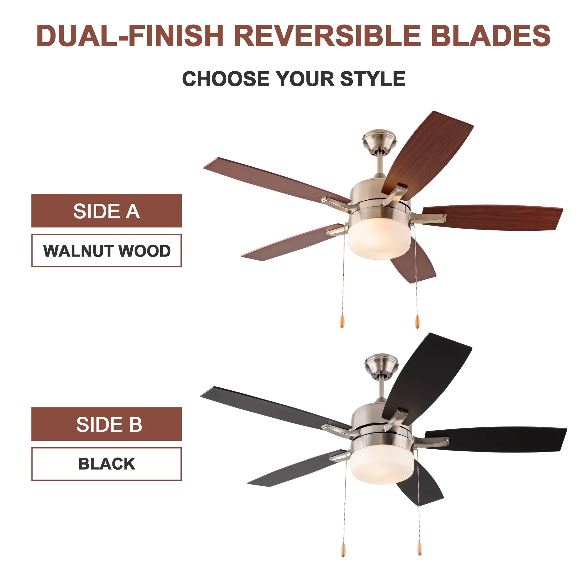 Durable Ceiling Fan with LED, Energy Efficient, Minimalist - Brown Frosted Model 8F1B98