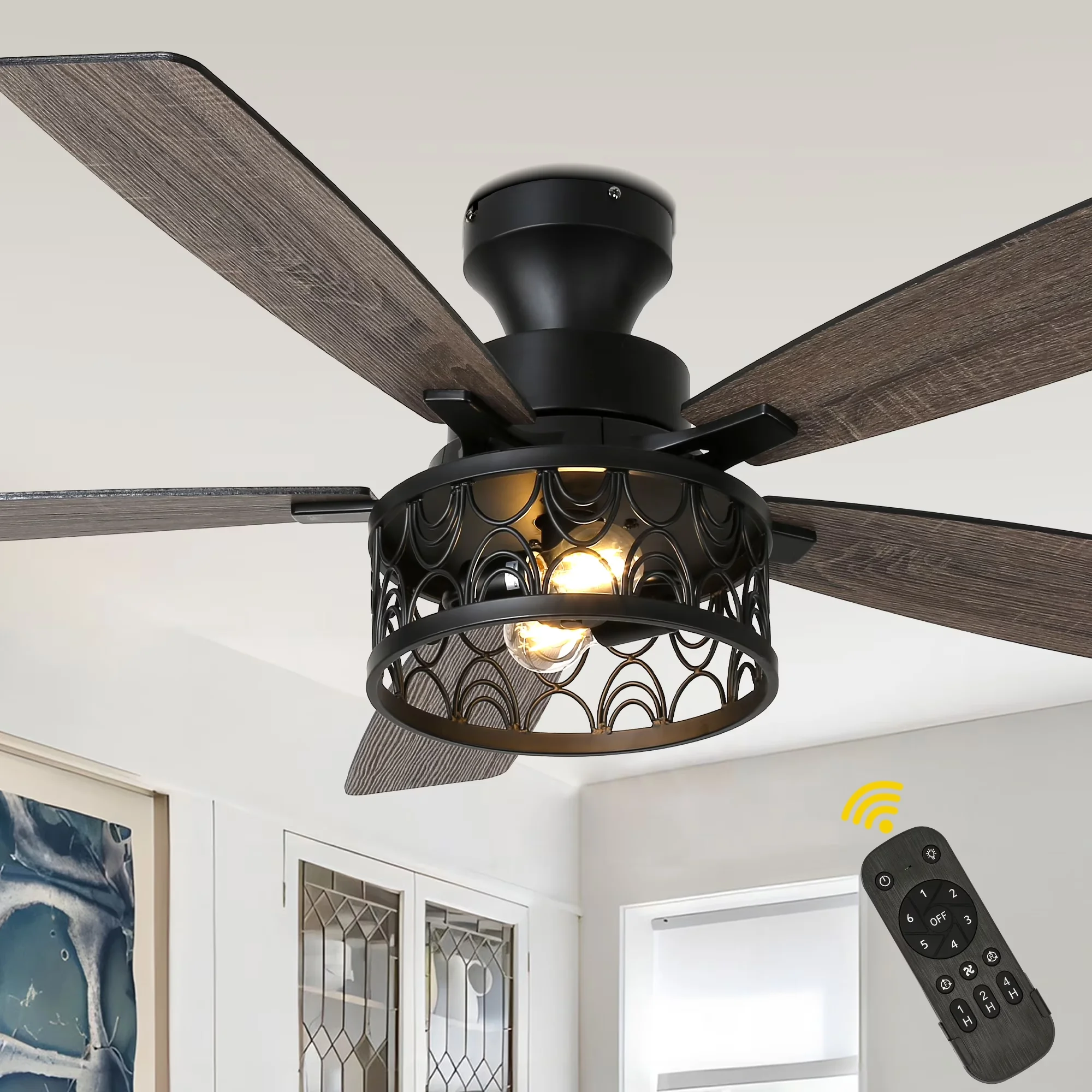 Compact Ceiling Fan with Incandescent, Remote Controlled, Industrial - Metal Black Model 7477AA