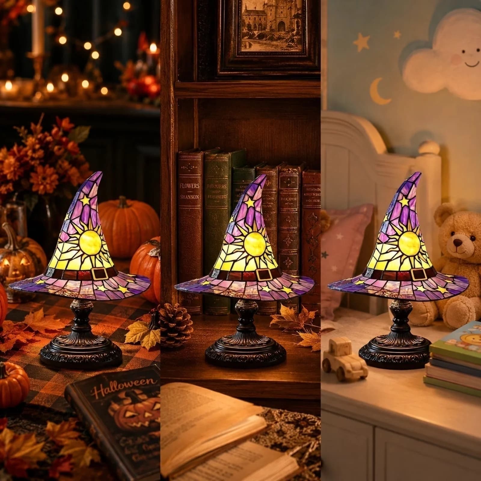 Modern Table Lamp with LED, Bohemian, Halloween Stained Glass Witch Hat - Purple Model 9DC3C2