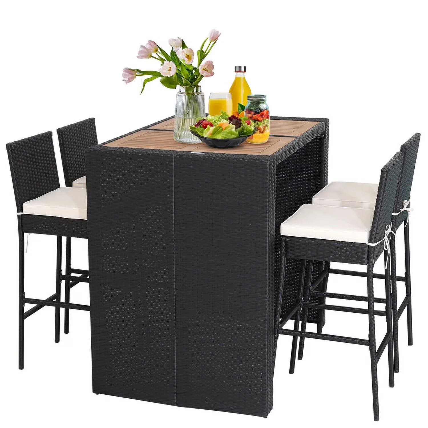 Reliable Patio Dining Set with Modern, Color of PE rattan:Black - White Pe Rattan, Steel, Acacia Wood, Polyester, Sponge Model 1B3261