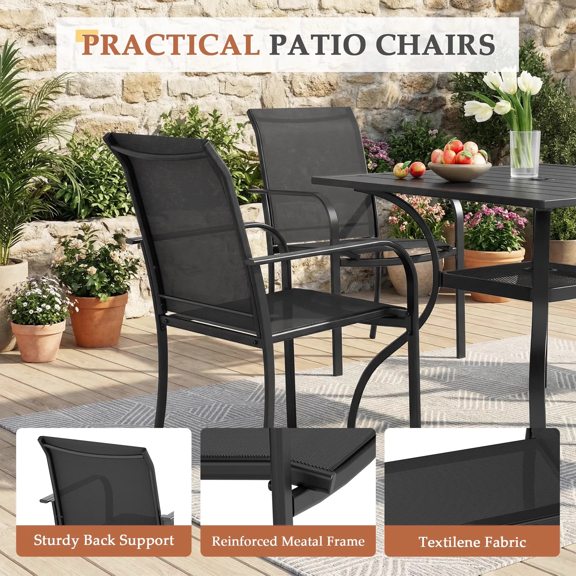 Classic Patio Dining Set with 1.57" Umbrella Hole, Metal Steel Square Table, 5-Piece Outdoor - Metal Four Black Chairs+Table Model 0FE10C