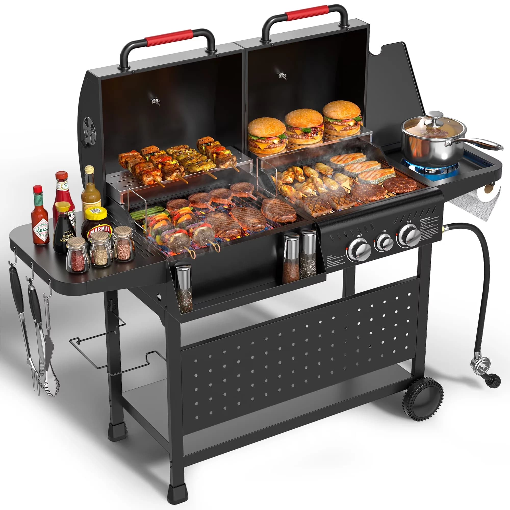 Innovative Combo Grill with 30000 BTU, Foldable Legs, Heat Thermometer - Black Steel for Outdoor Model C1E504
