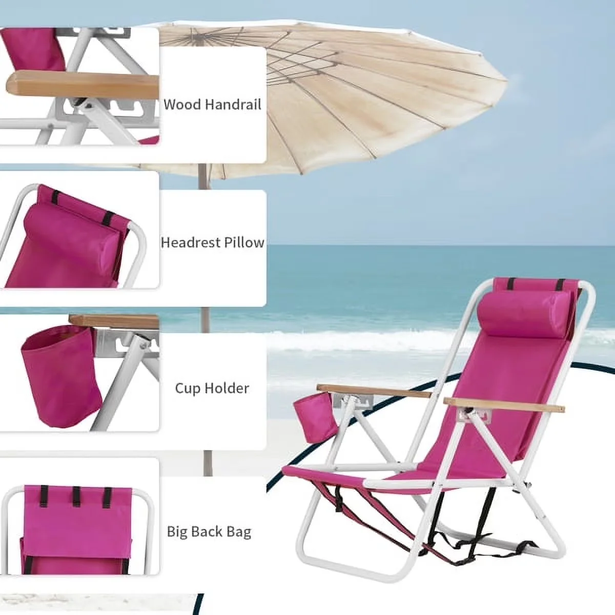 Sleek Beach Chair with Adjustable, Rust Resistant, Folding Chairs - Pink Model 2C403A