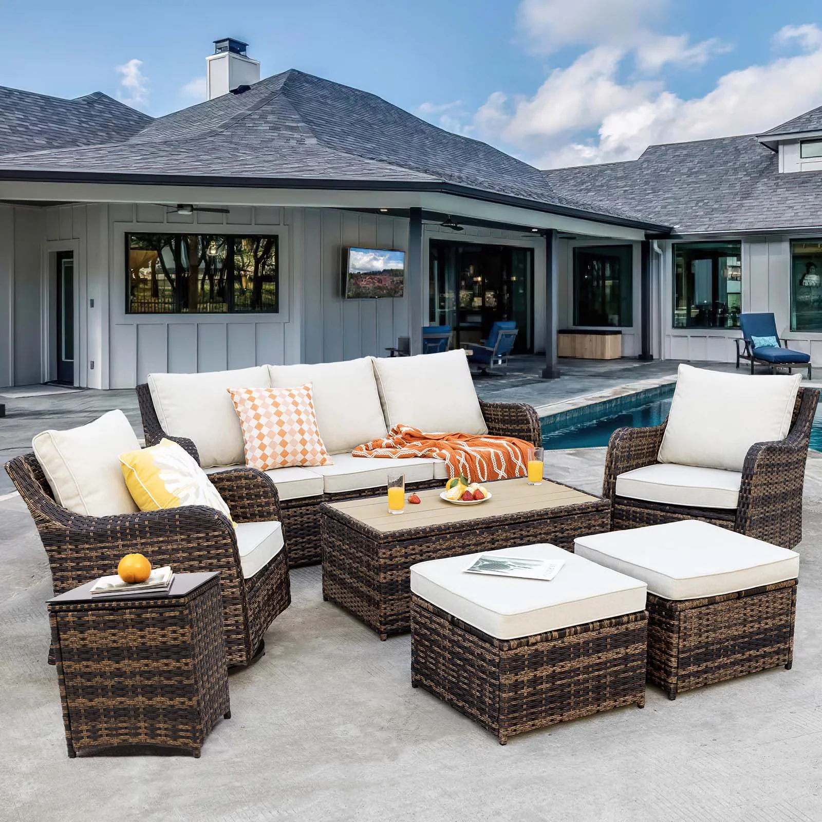 Essential Patio Conversation Set with and Coffee Table, 3-Seat Sofa, Ottomans - Model FB798C