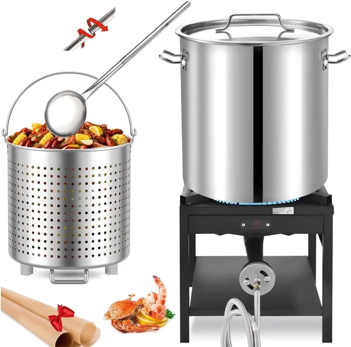 Outdoor Fryer Sleek with 200000 BTU, Crab Crawfish Boil Pot and Burner, Strainer - Stainless Steel Model 0F22FC