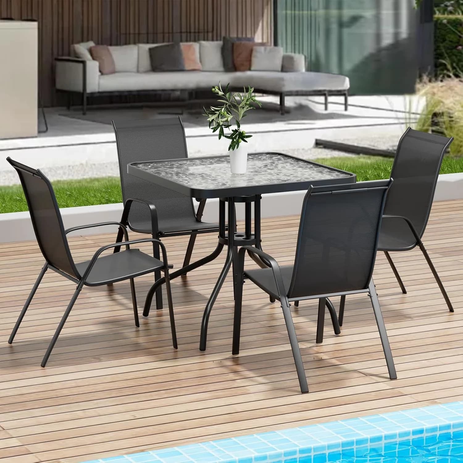 Versatile Patio Dining Set with Storage, Glass Tabletop - Metal, Glass, Textilene Black Model 8D7E2C
