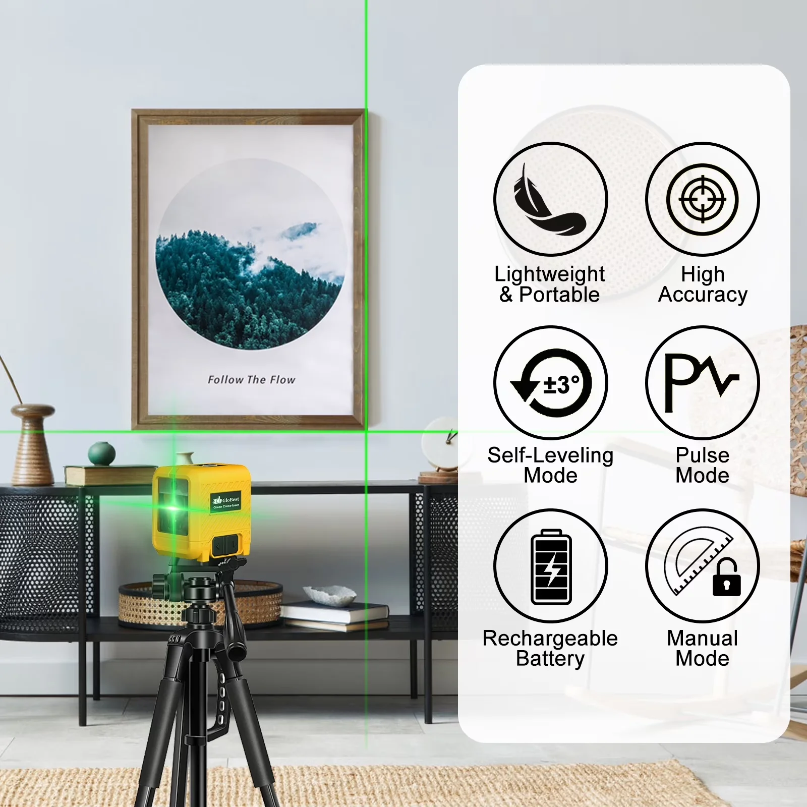Compact Measuring Layout with Durable, Lightweight, Portable Rechargeable Green Laser Level - Plastic Model 46E9FE
