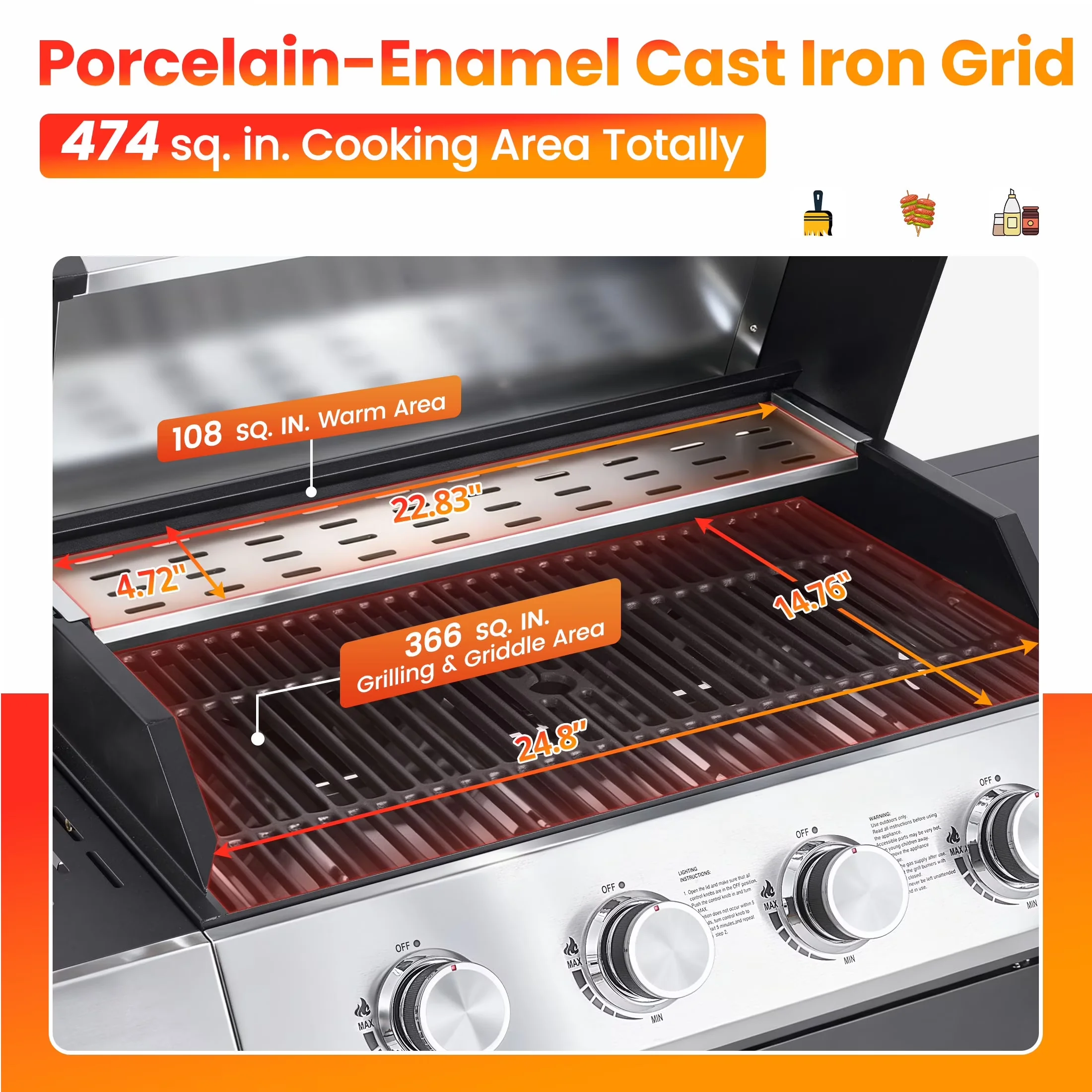 Gas Grill Modern with 50000 BTU, Warming Rack, 4 Burner BBQ Propane - Stainless Steel, Iron Model 881AEE
