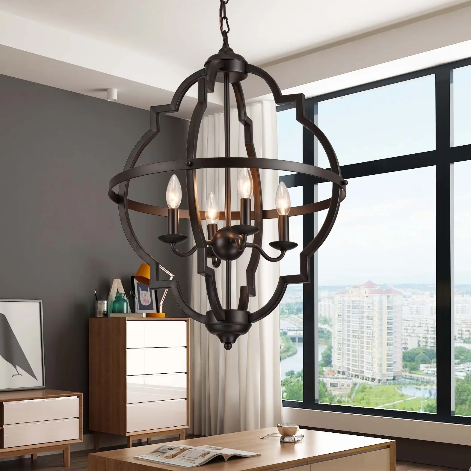 Stylish Ceiling Lights Fixture with LED, Adjustable Height, Octavia Brown 4-Light Pendant - Metal Model 930D1A