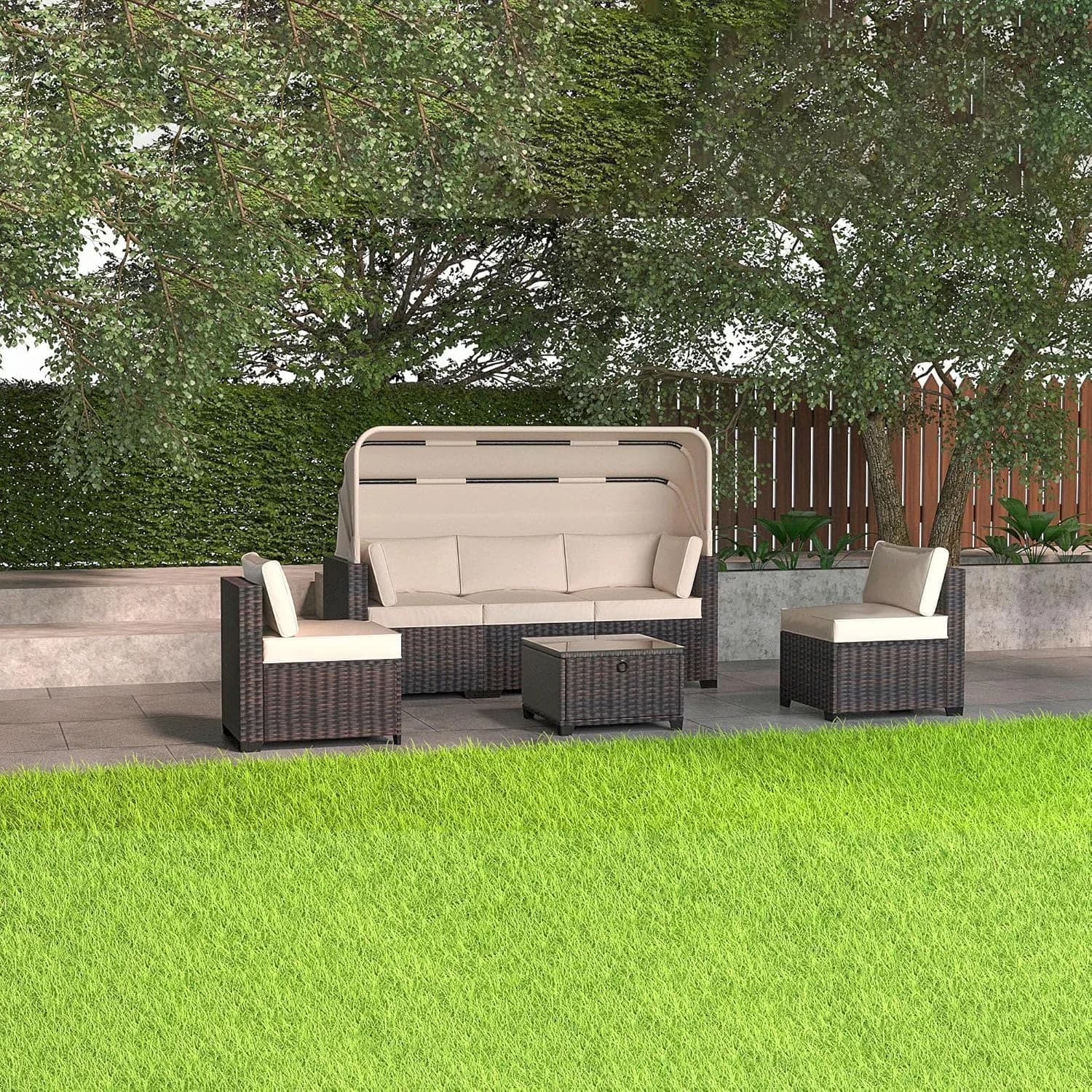 Outdoor Sofas Sectional Classic with Uv Resistant, Rustic/Lodge, Modern - Steel Frame + Pe Rattan Wicker Brown for Garden Model C77039