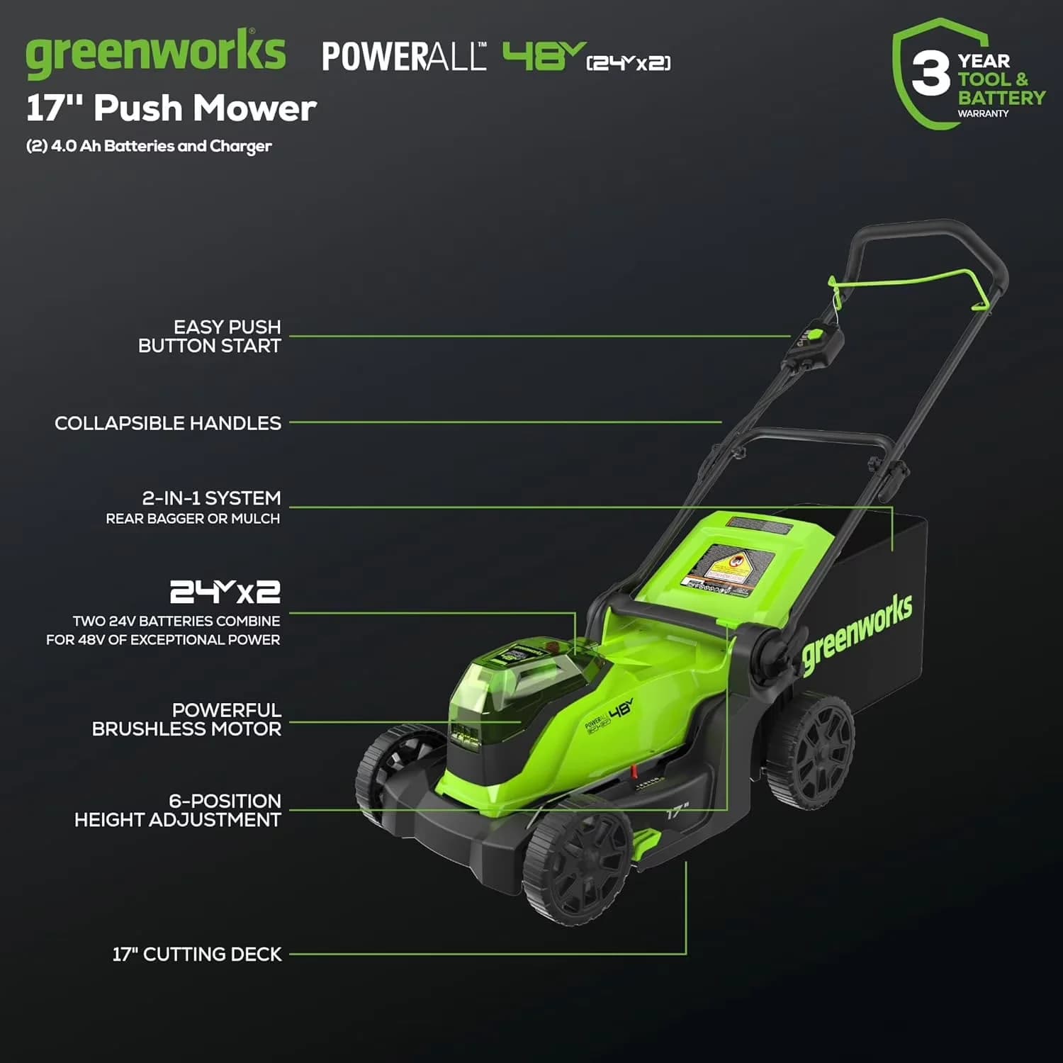 Quality Push Mower with Battery, 48V, Brushless Motor - Green - Quality Construction Model 05DE83